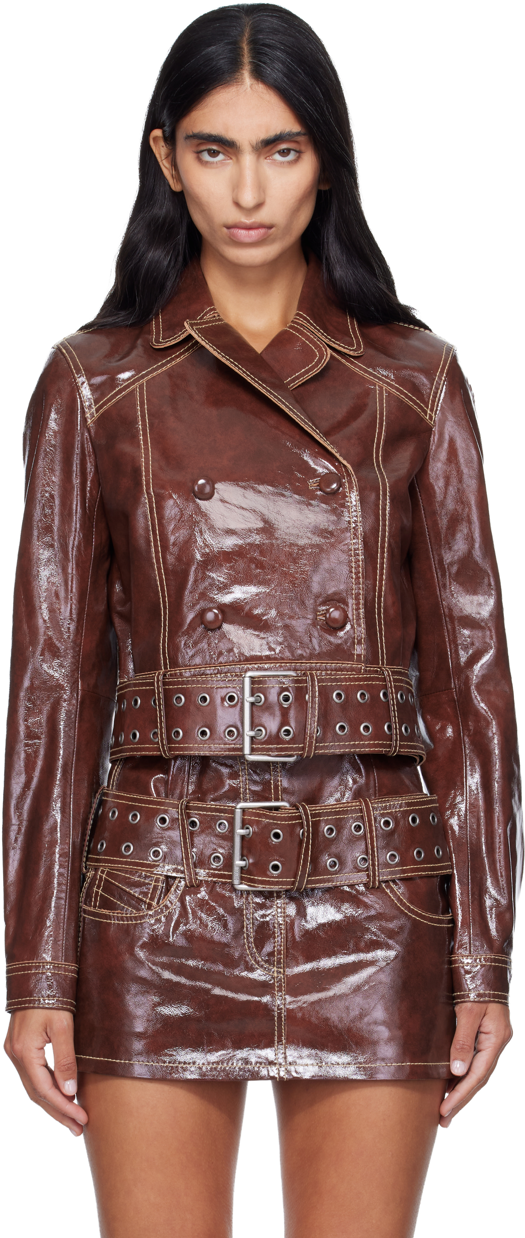 Diesel: Brown Large Belt Patent-Leather Jacket | SSENSE