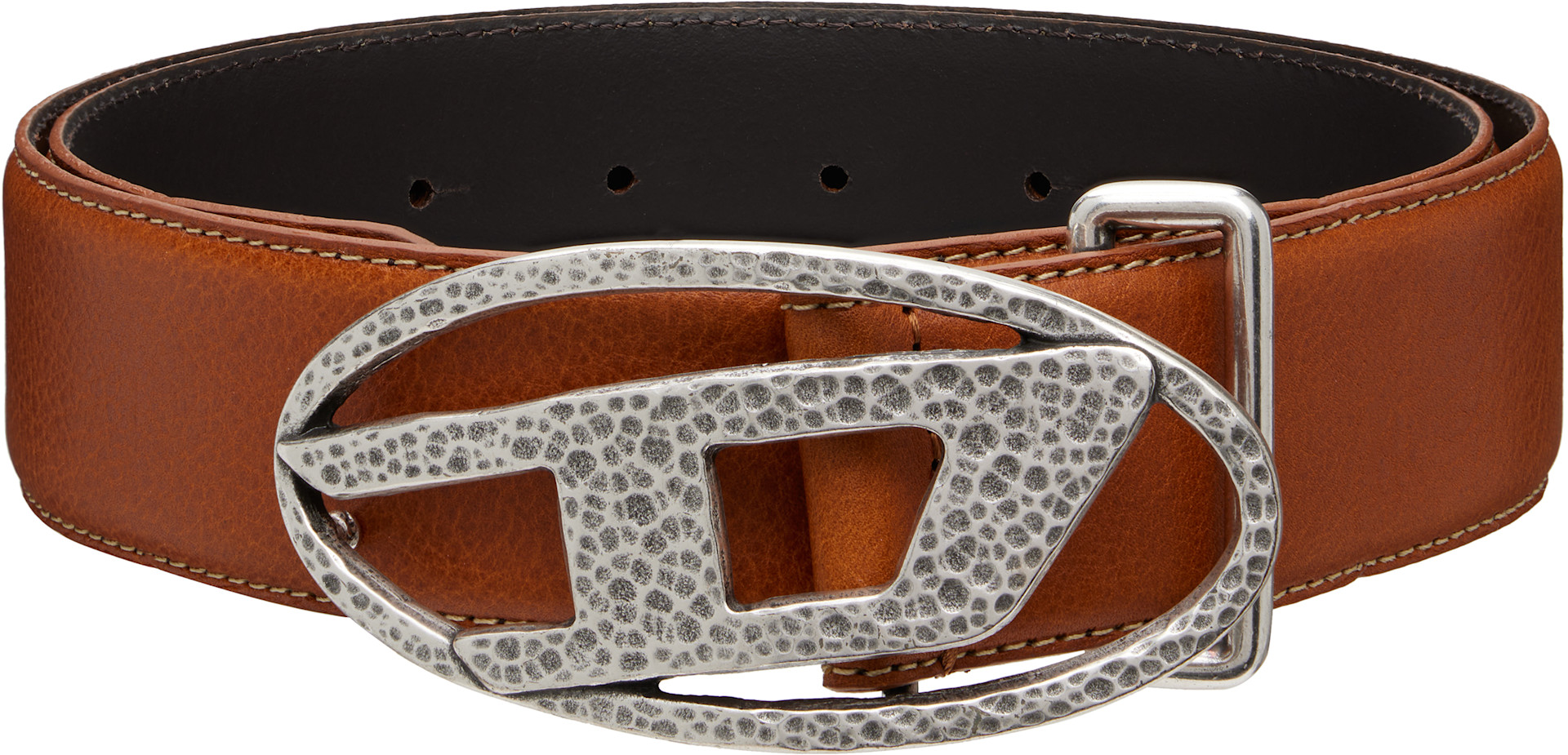 Diesel: ブラウン 4cm Leather Hammered Oval 'D' バックルベルト