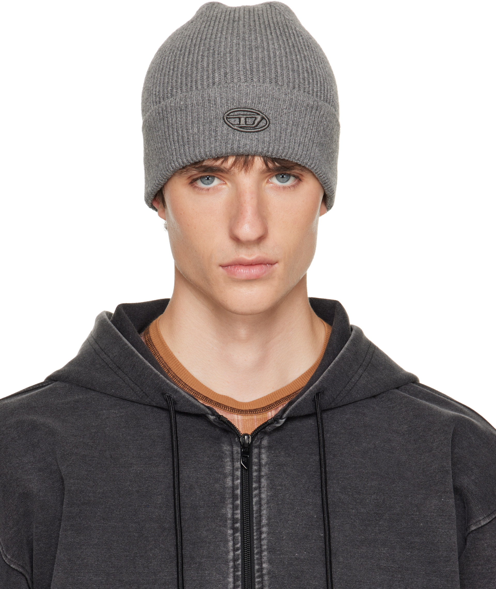 Diesel - Gray Ribbed D Embroidery Beanie