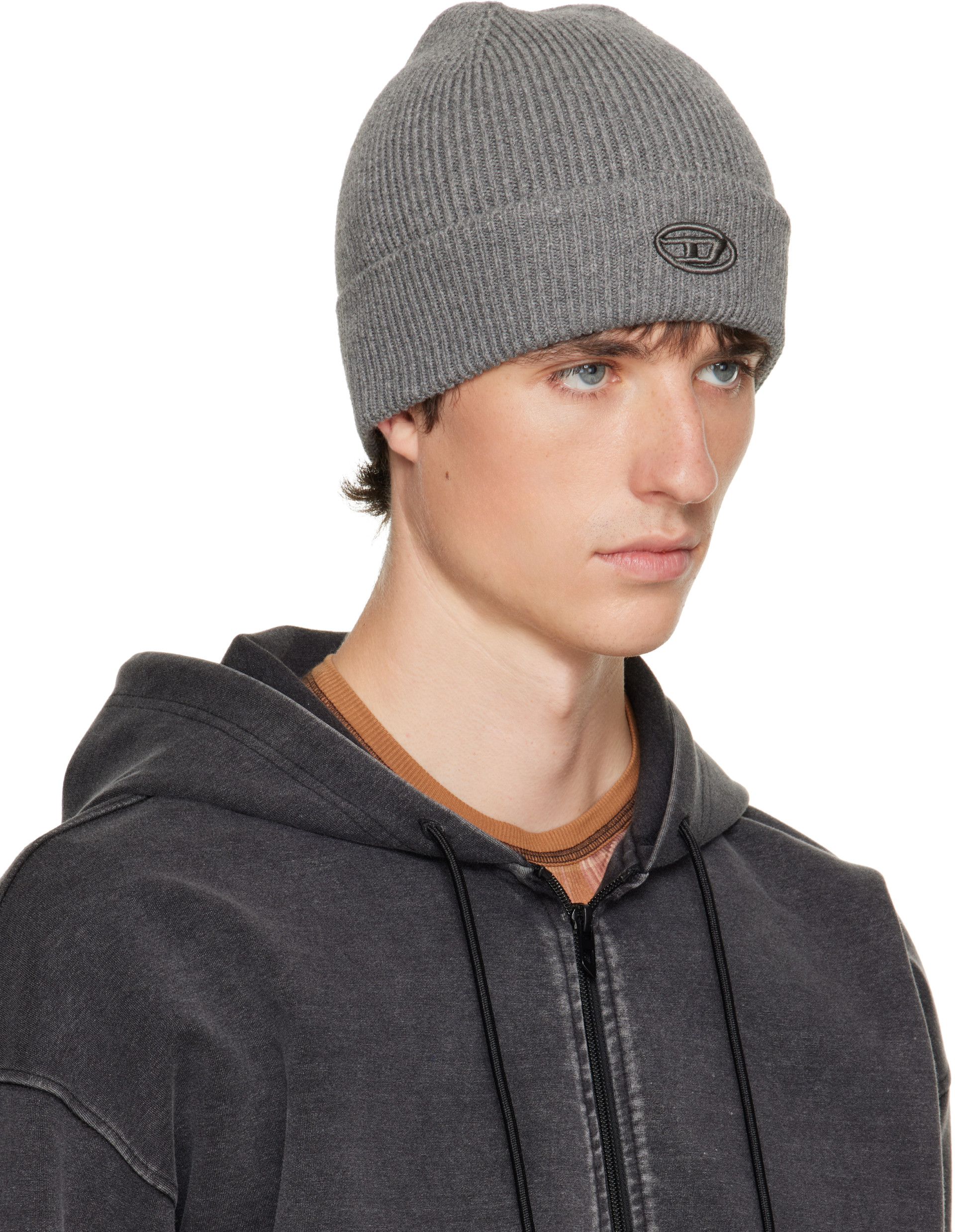 Diesel - Gray Ribbed D Embroidery Beanie