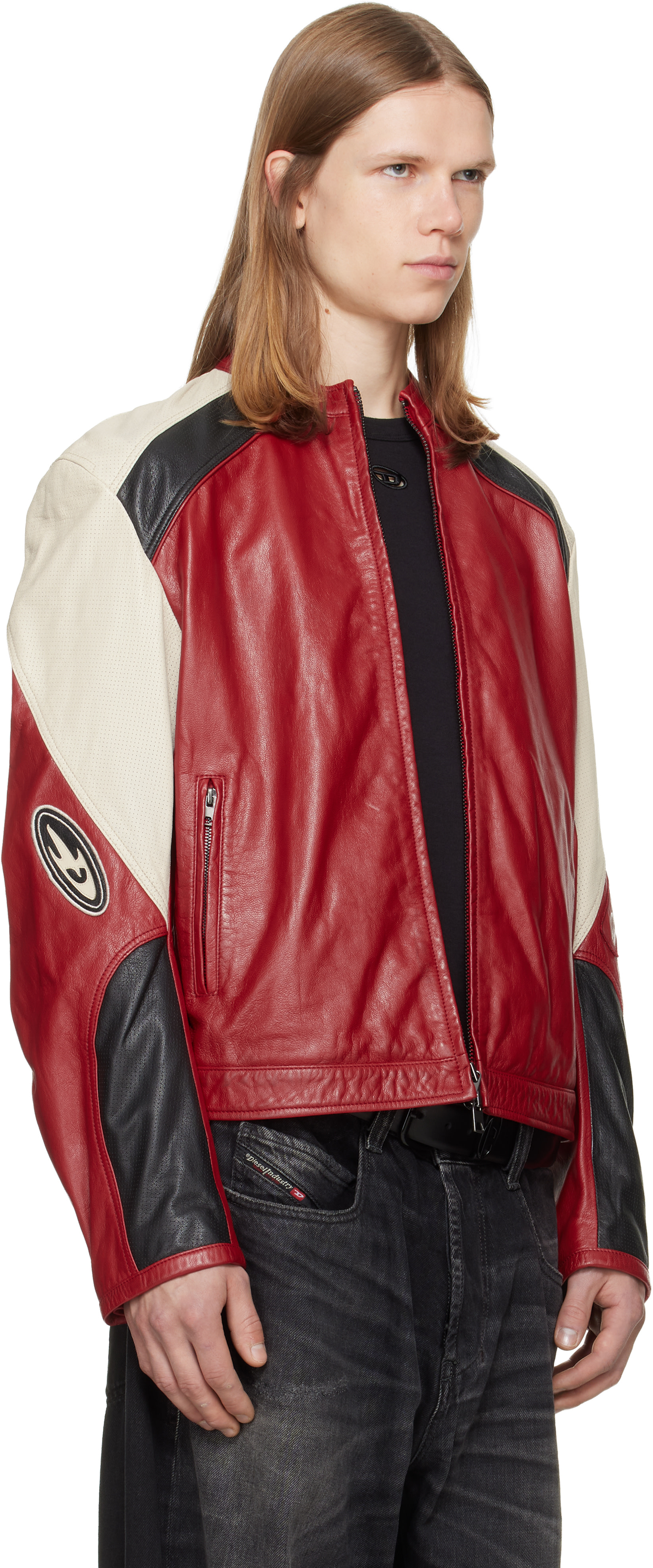 Diesel - レッド カラーブロック パーフォレーション レザー バイカージャケット