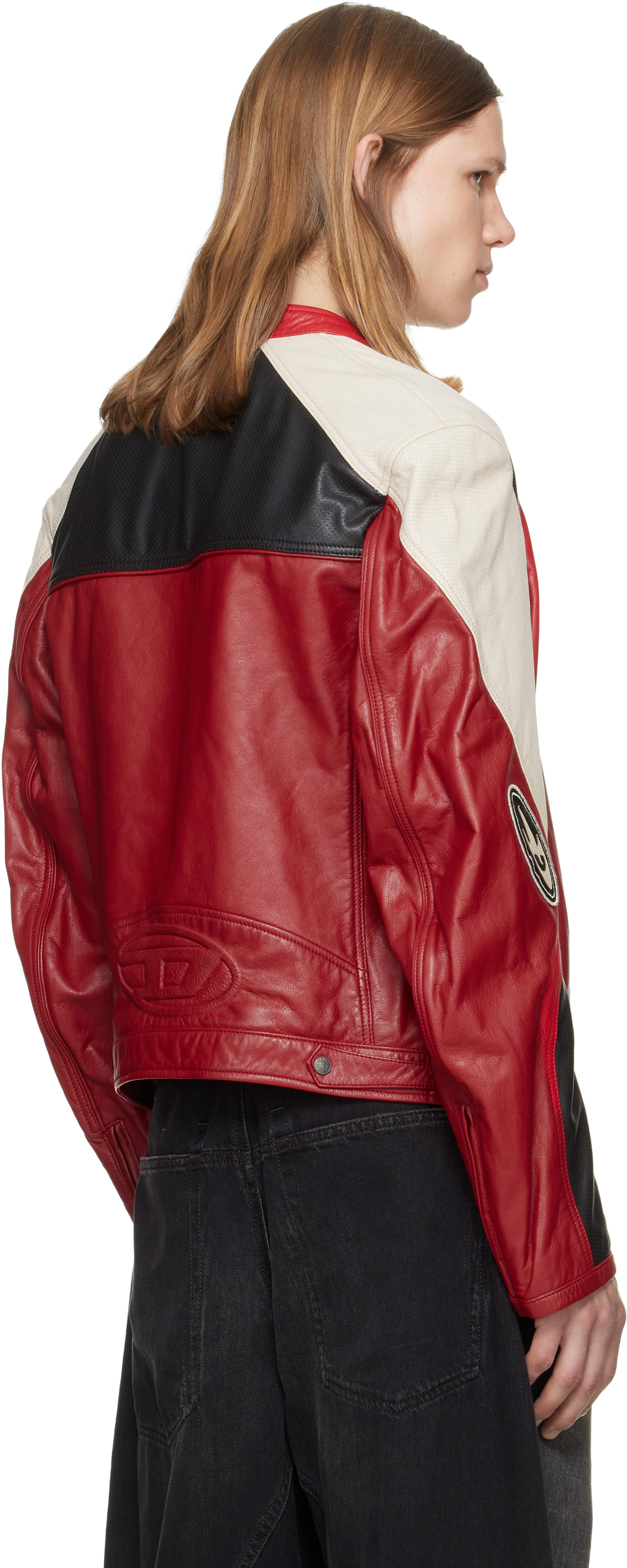 Diesel - レッド カラーブロック パーフォレーション レザー バイカージャケット