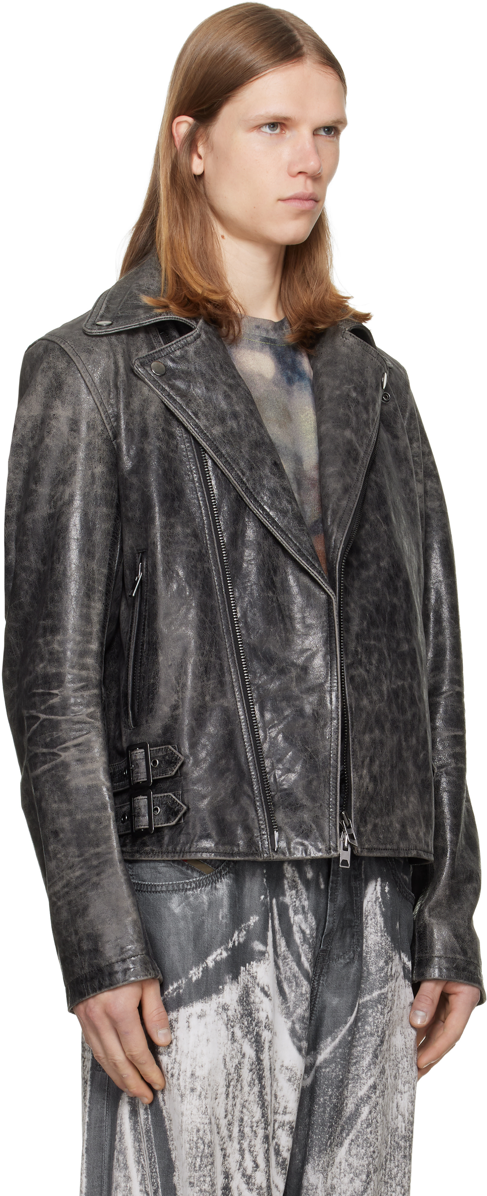 Diesel - Gray Treated Leather Biker Jacket