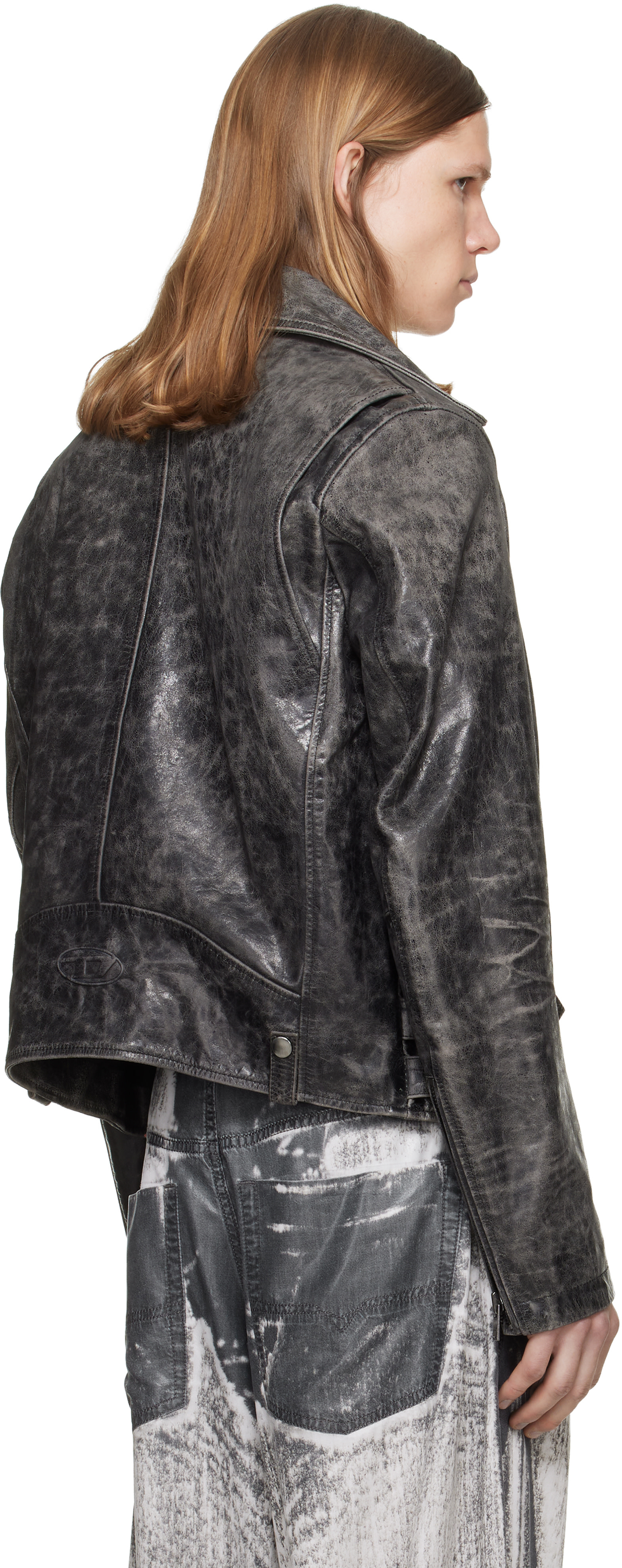 Diesel - Gray Treated Leather Biker Jacket