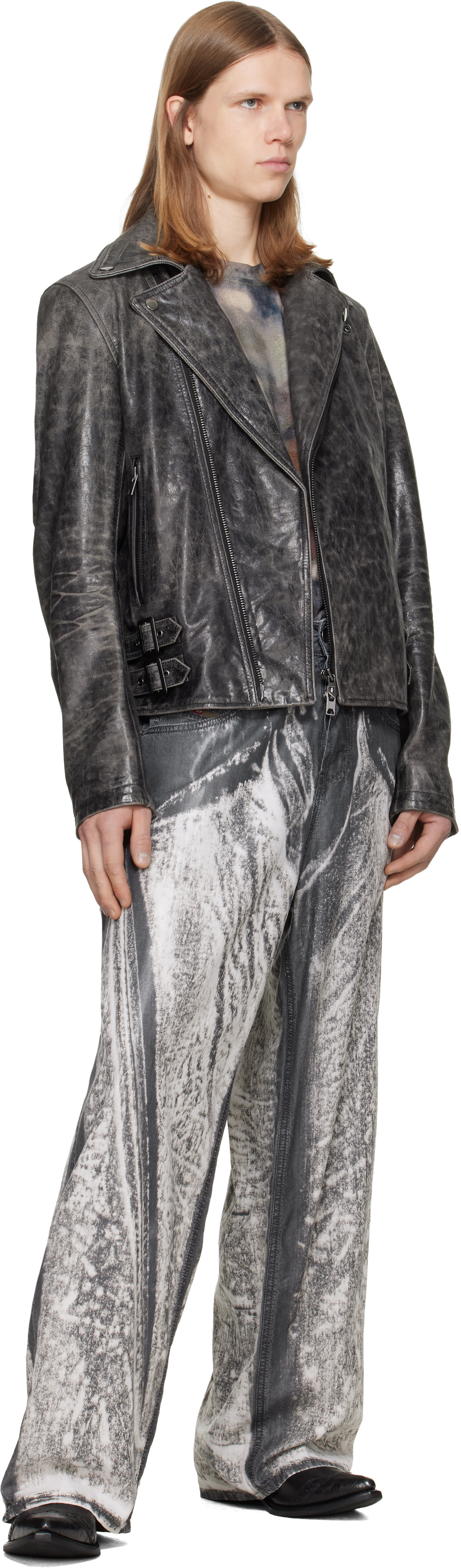 Diesel - Gray Treated Leather Biker Jacket