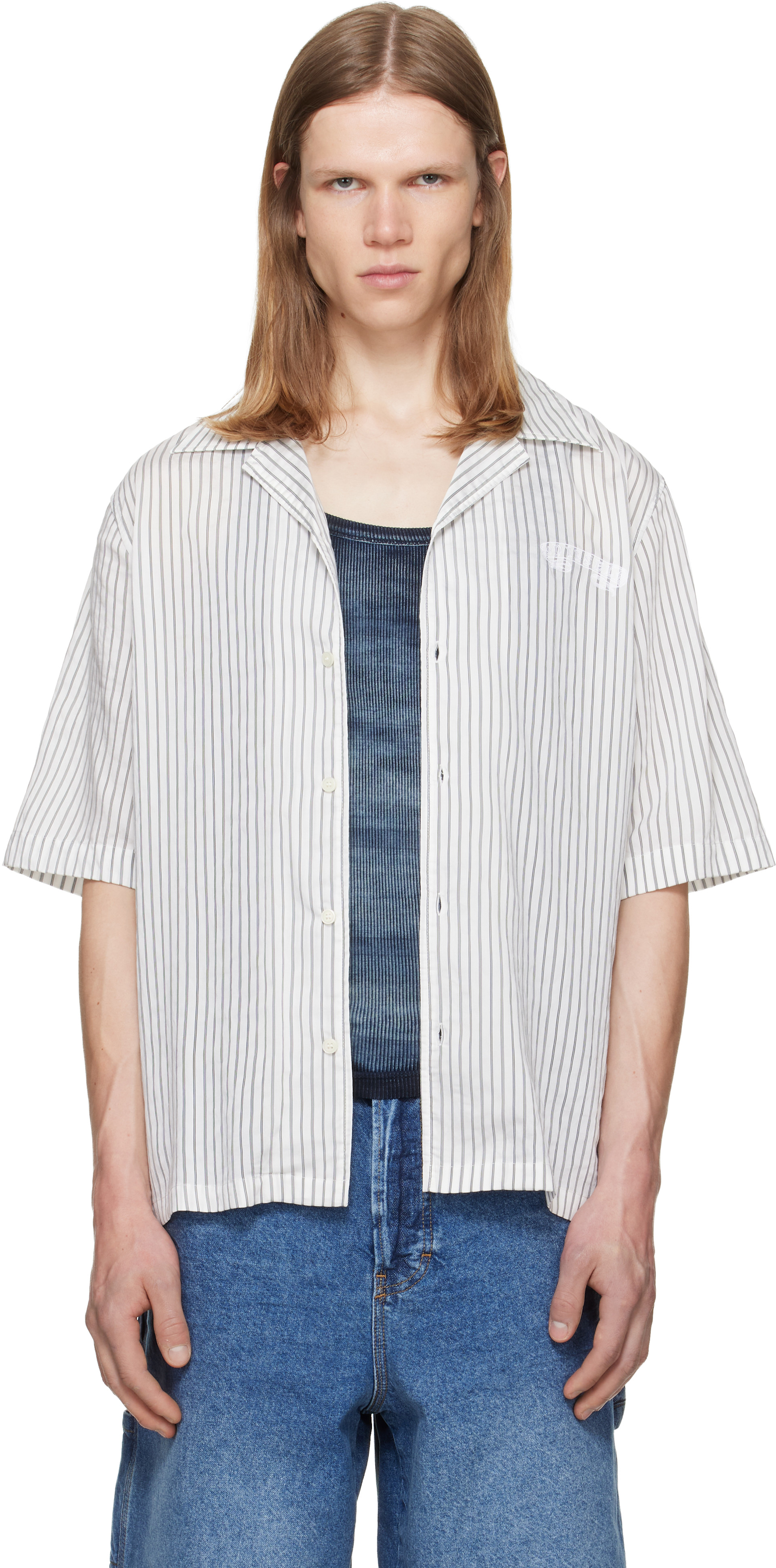 Diesel: White & Gray Half-Sleeve Pinstripe Modal Shirt | SSENSE