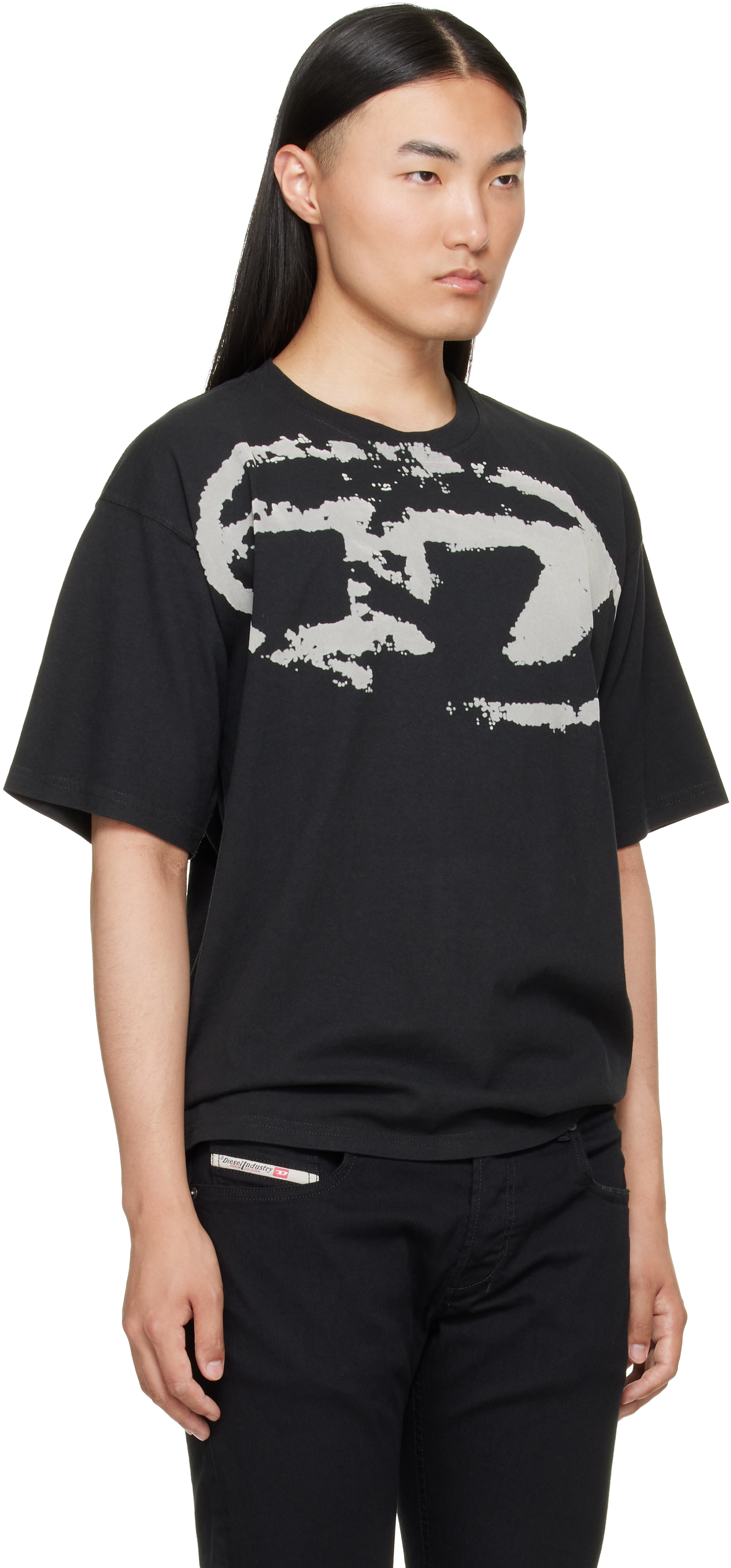 Diesel: Black Distressed Flocked Logo T-shirt | SSENSE