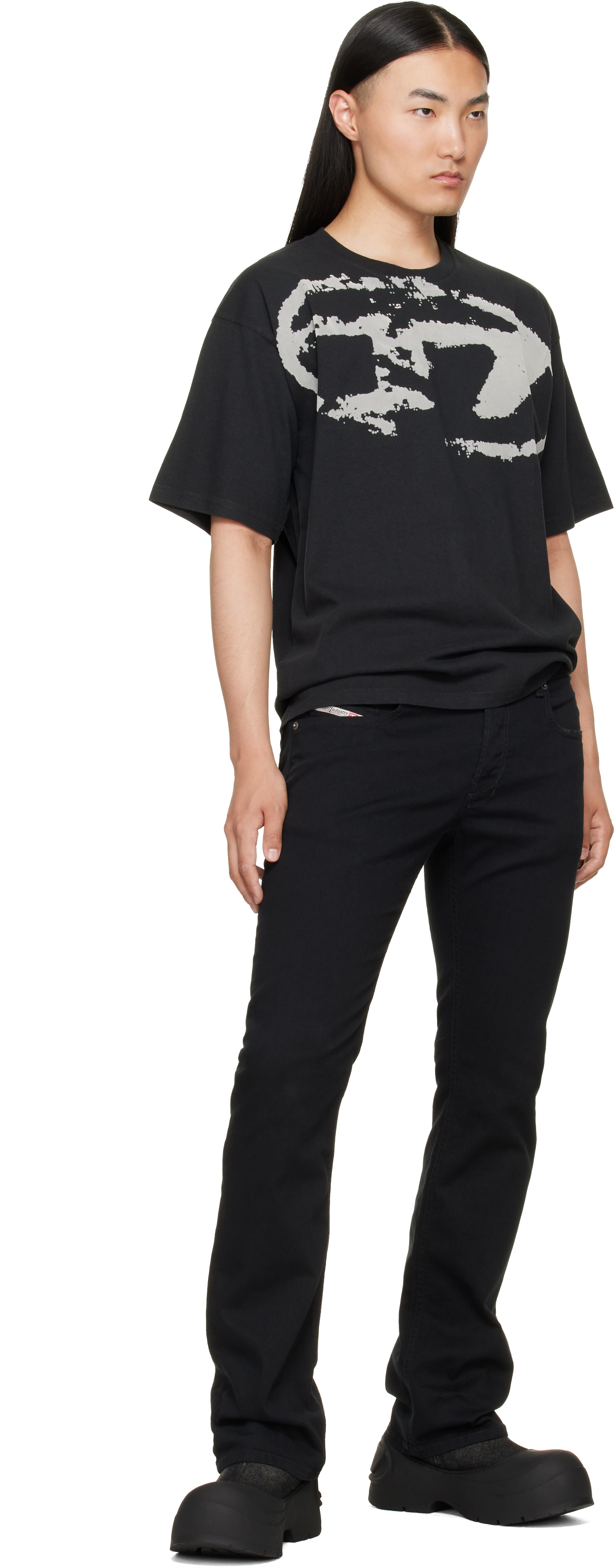 DIESEL ロゴ Tシャツ ブラック Diesel: ブラック Distressed Flocked Logo Tシャツ | SSENSE 日本