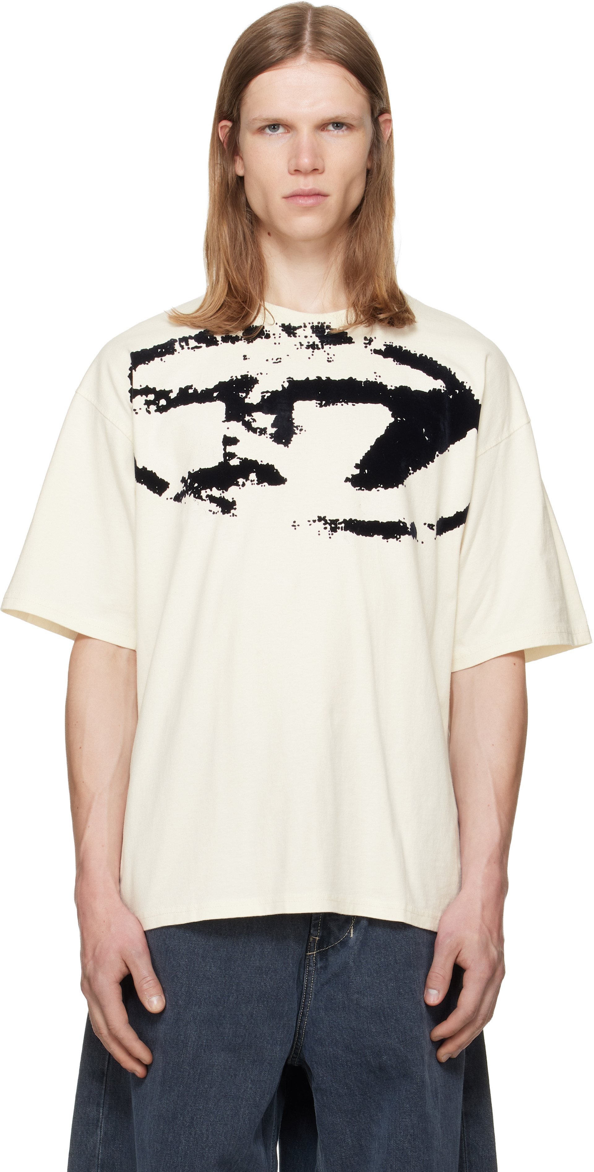 Diesel: Off-White Distressed Flocked Logo T-shirt | SSENSE