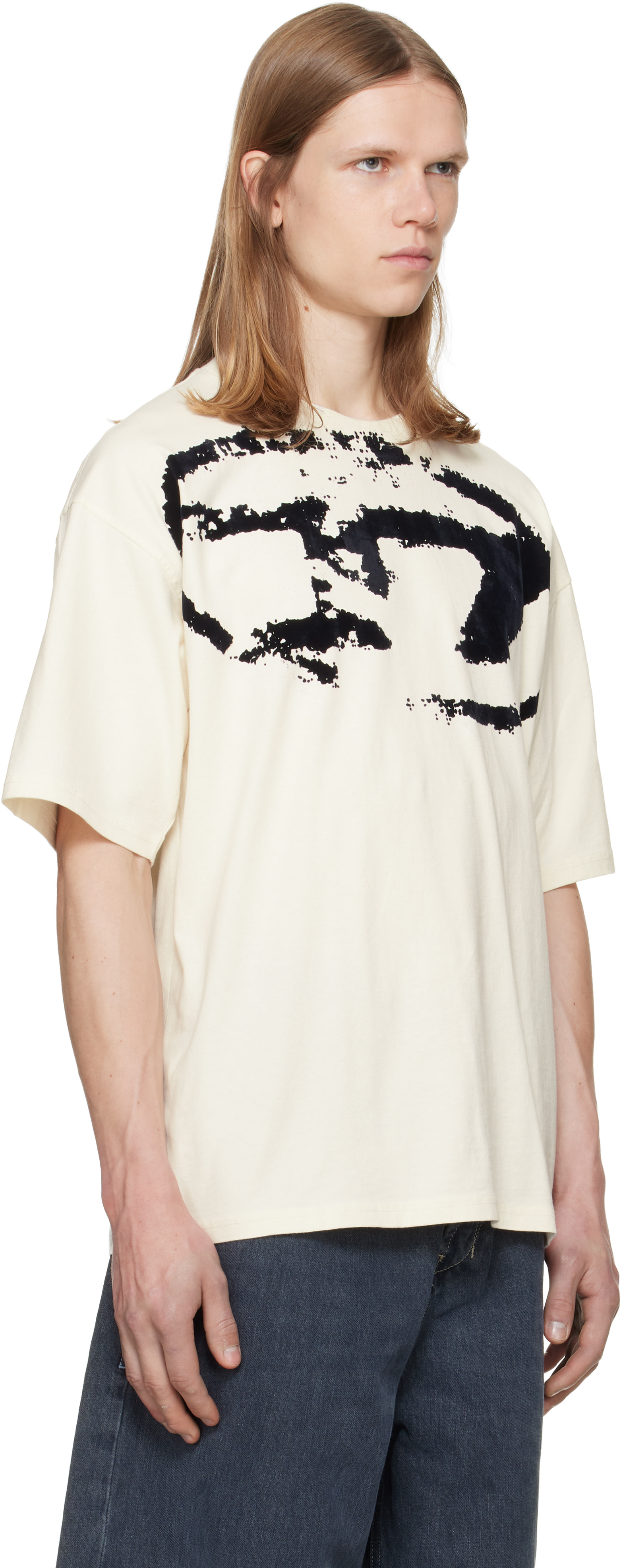 Diesel - オフホワイト Distressed Flocked Logo Tシャツ