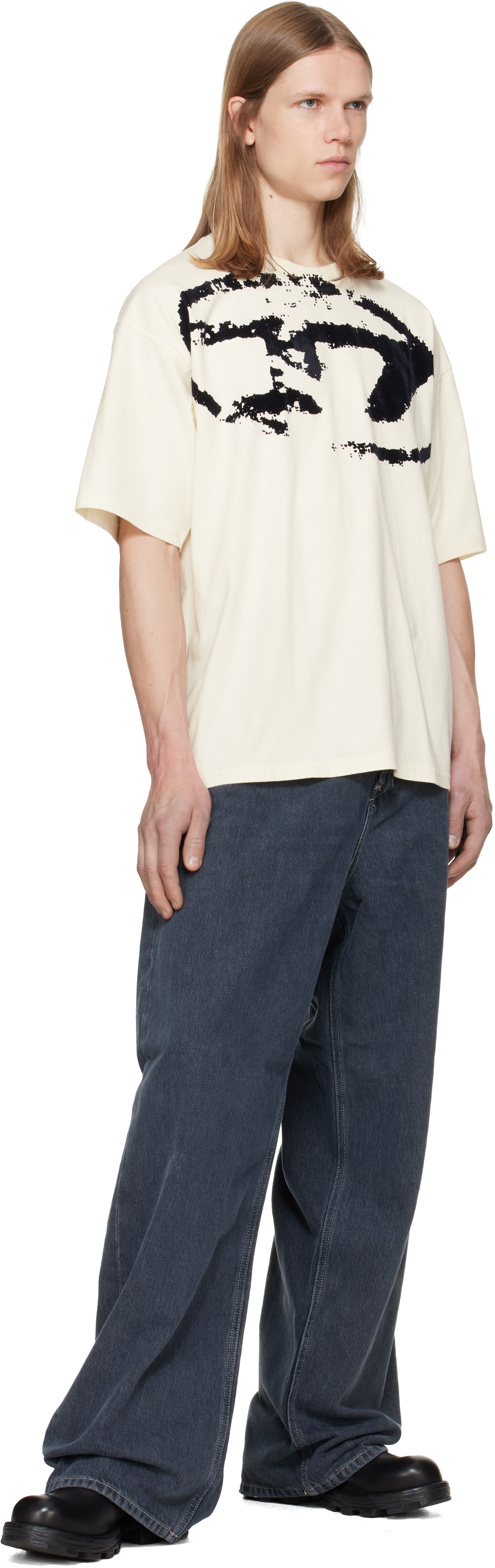 Diesel - オフホワイト Distressed Flocked Logo Tシャツ