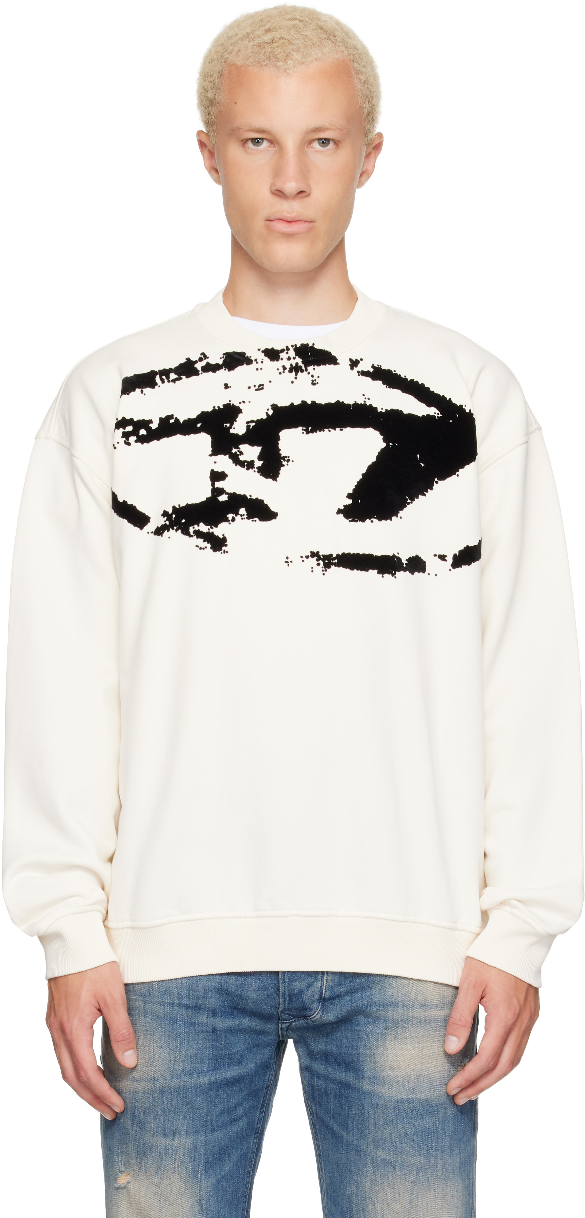 Diesel - Pull molletonné blanc cassé à logo floqué