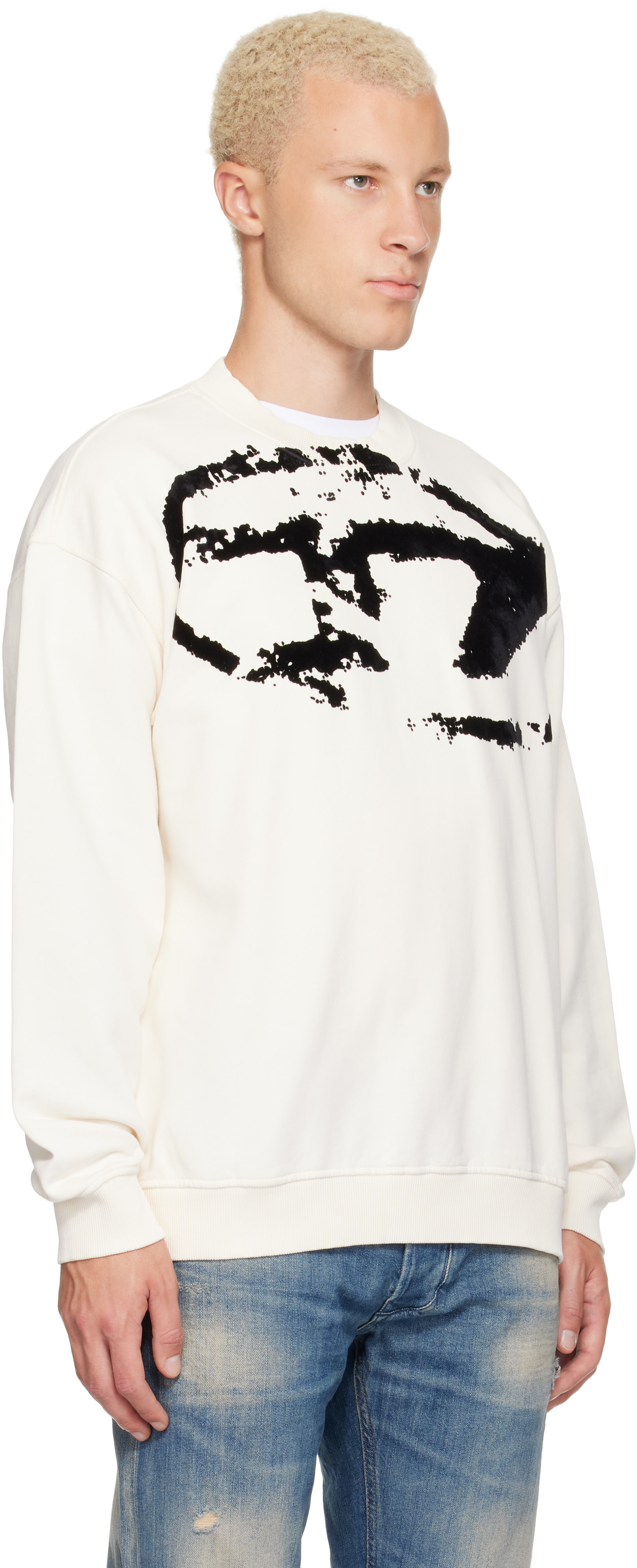 Diesel - Pull molletonné blanc cassé à logo floqué