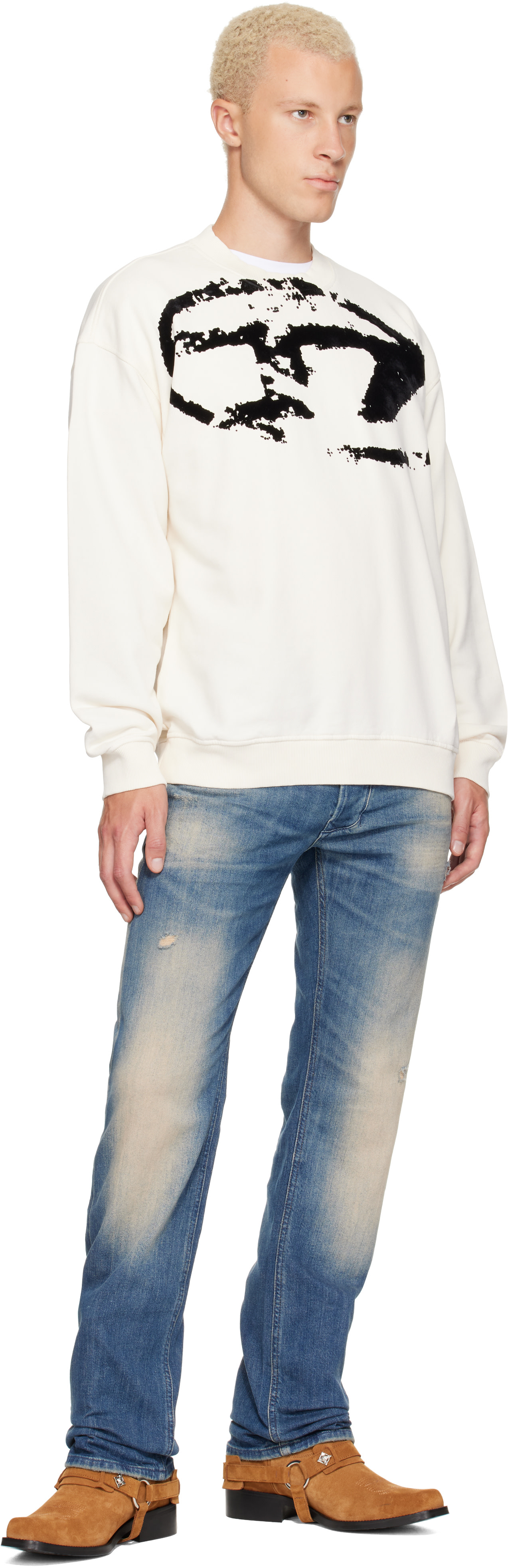 Diesel - Pull molletonné blanc cassé à logo floqué