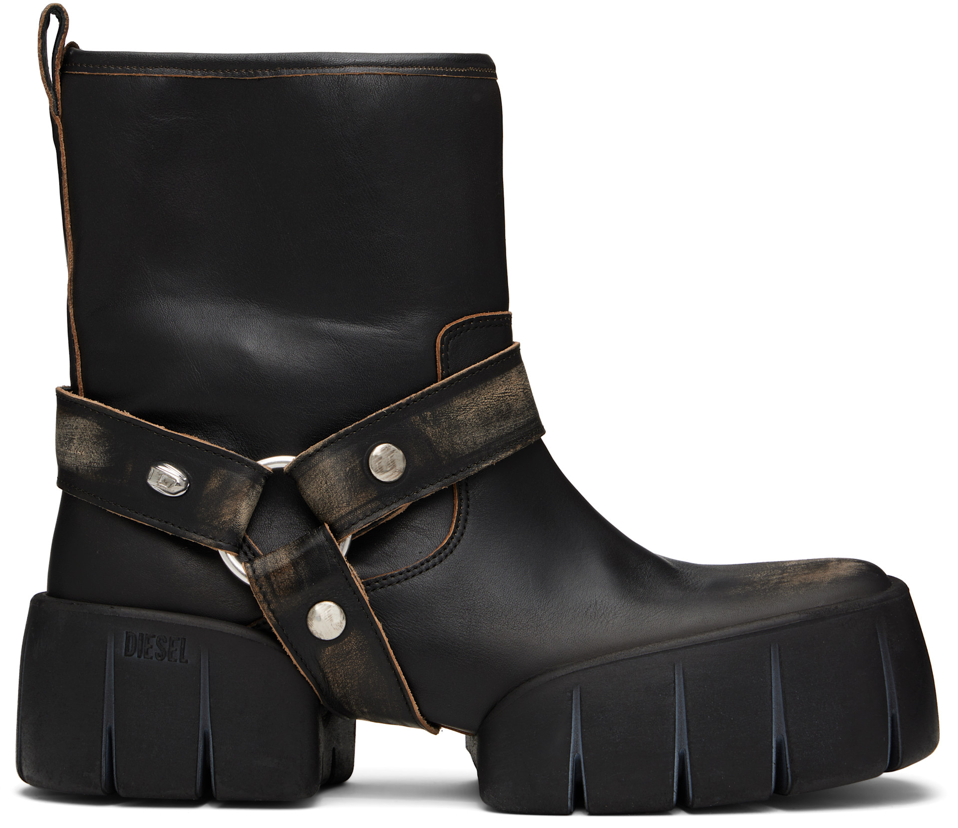 Diesel: Black D-Tex Distressed Leather Biker Boots | SSENSE