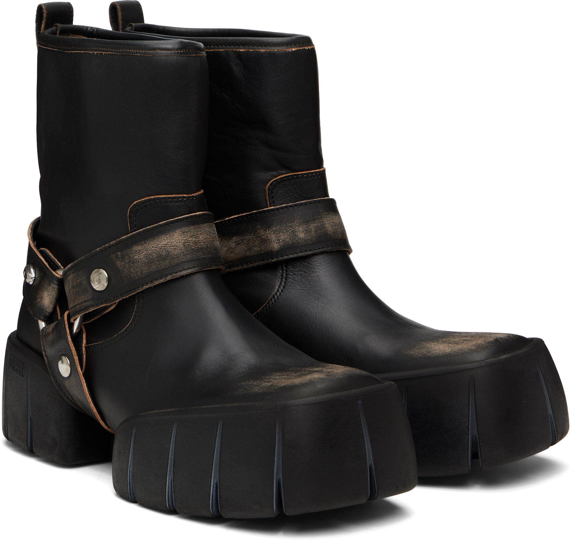 Diesel - ブラック D-Tex ディストレスレザー バイカーブーツ