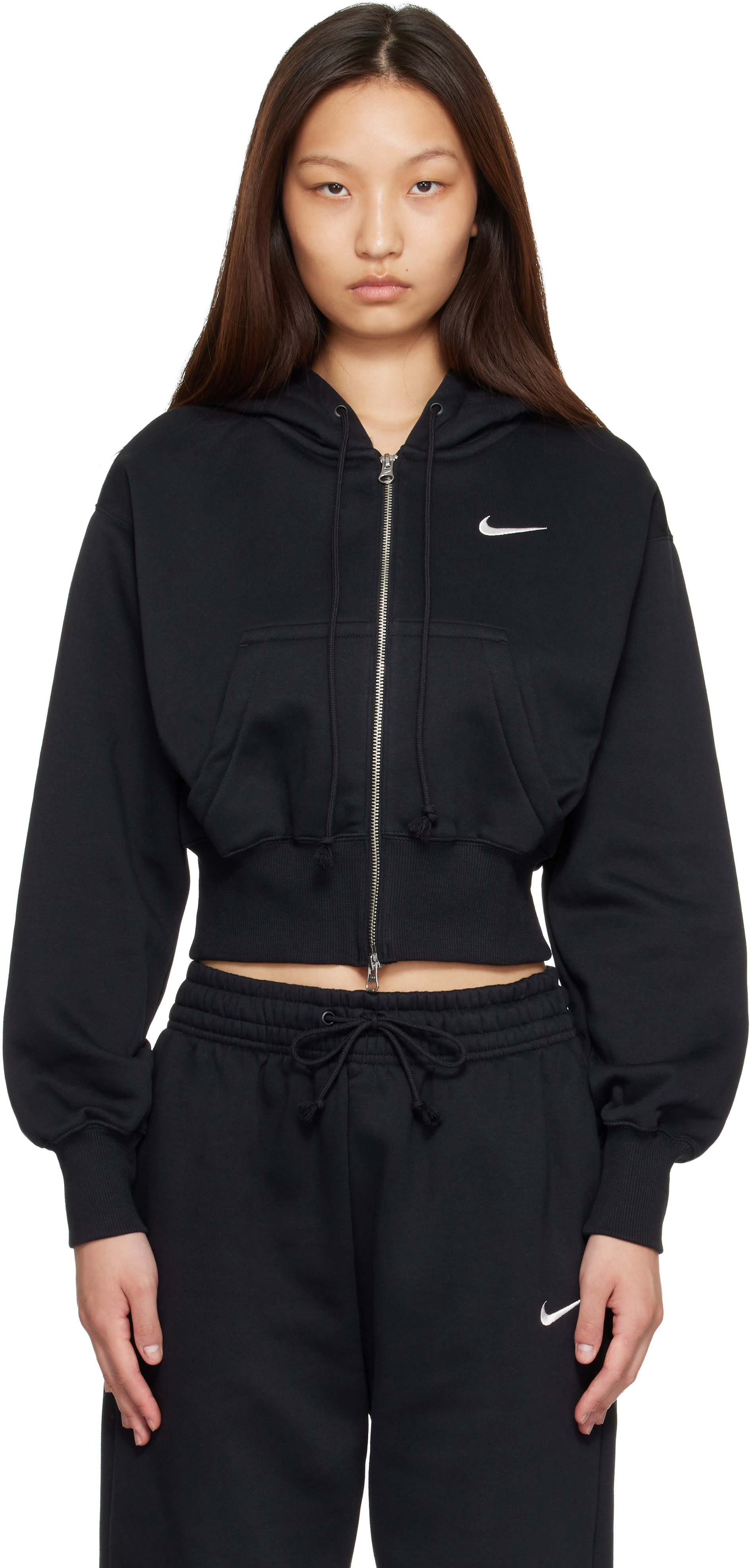 Nike: Black Sportswear Phoenix Fleece Loose Full-Zip Cropped