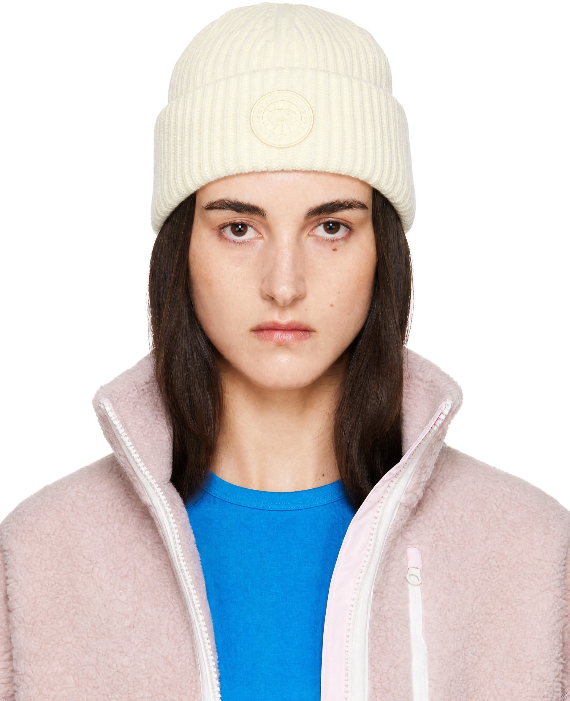 Canada Goose - Bonnet blanc cassé en cachemire mélangé à rebord roulé