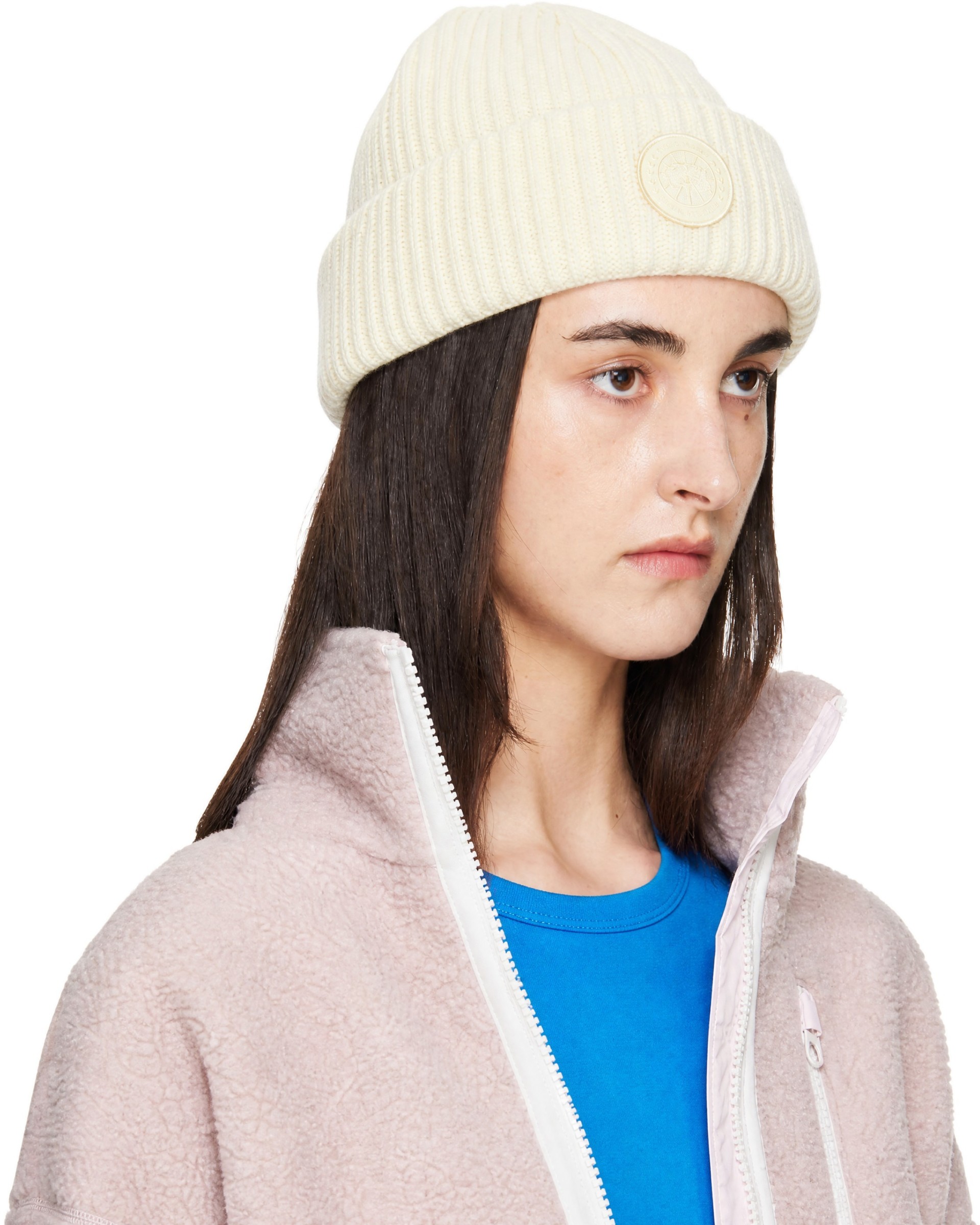 Canada Goose - Bonnet blanc cassé en cachemire mélangé à rebord roulé