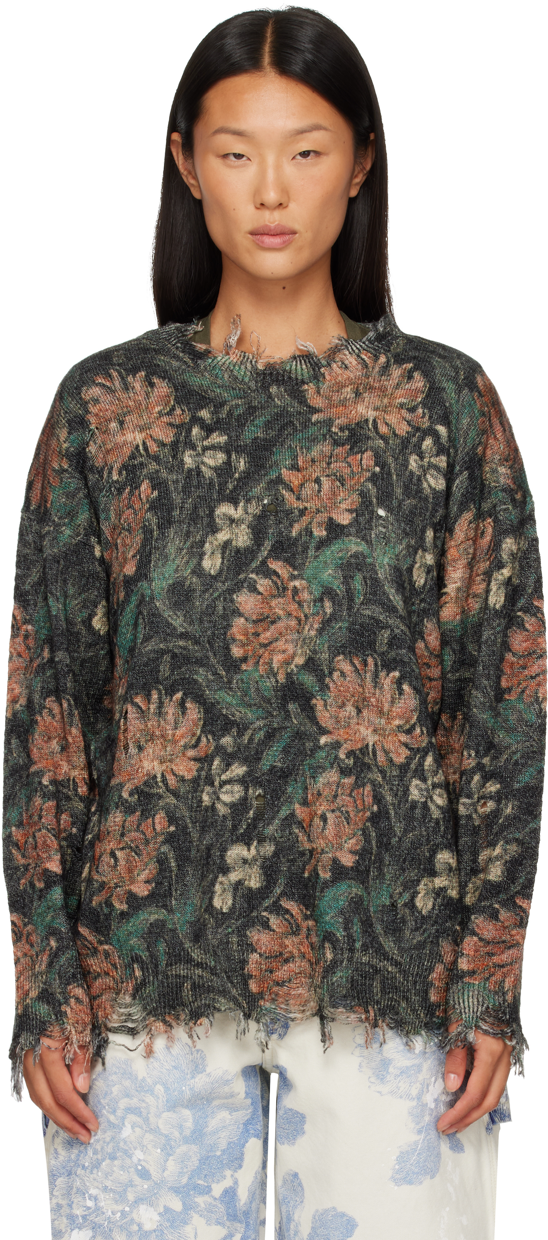 R13: Green & Black Distressed Edge Crewneck Sweater | SSENSE