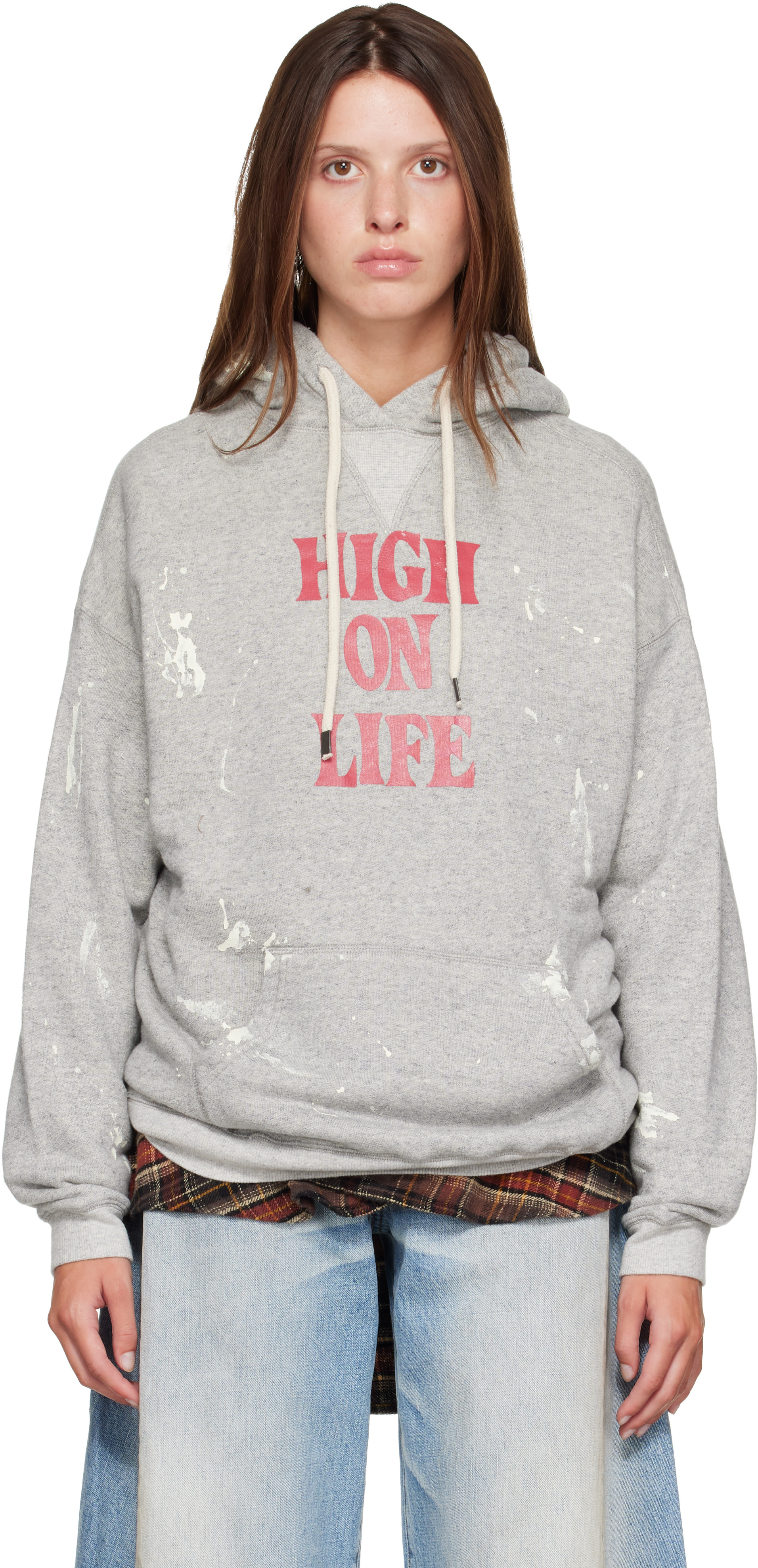 R13 - Pull à capuche surdimensionné 'High On Life' gris