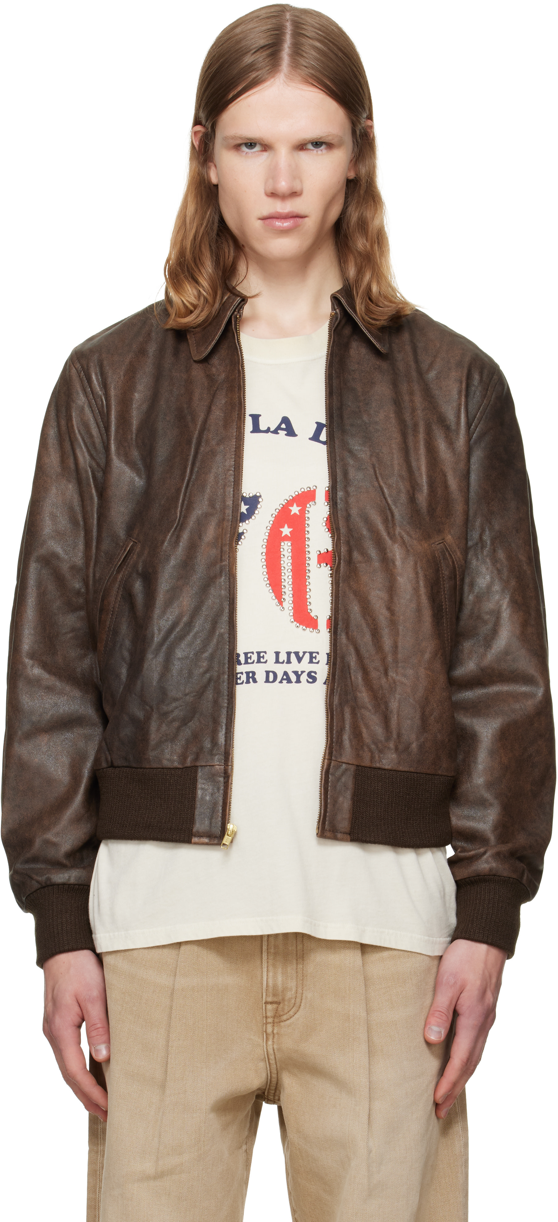 R13 - Brown Leather Boyfriend Bomber Jacket