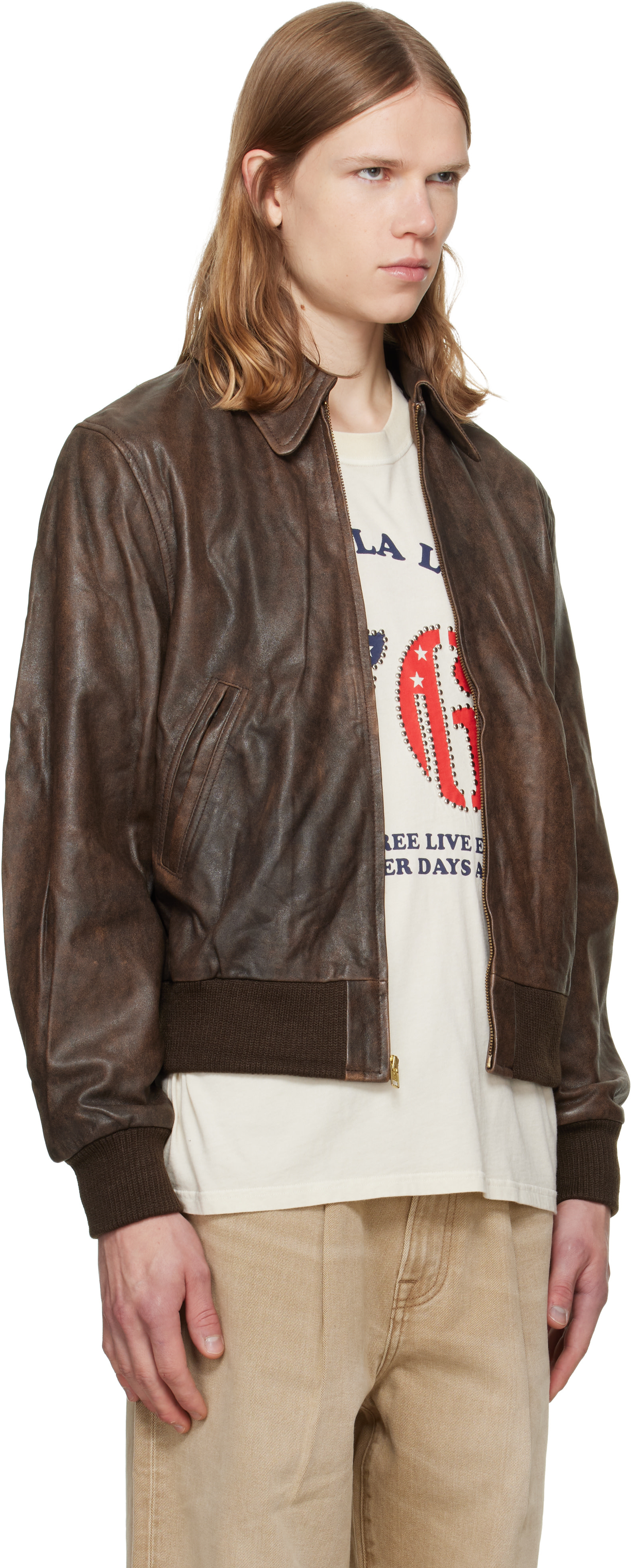 R13 - Brown Leather Boyfriend Bomber Jacket