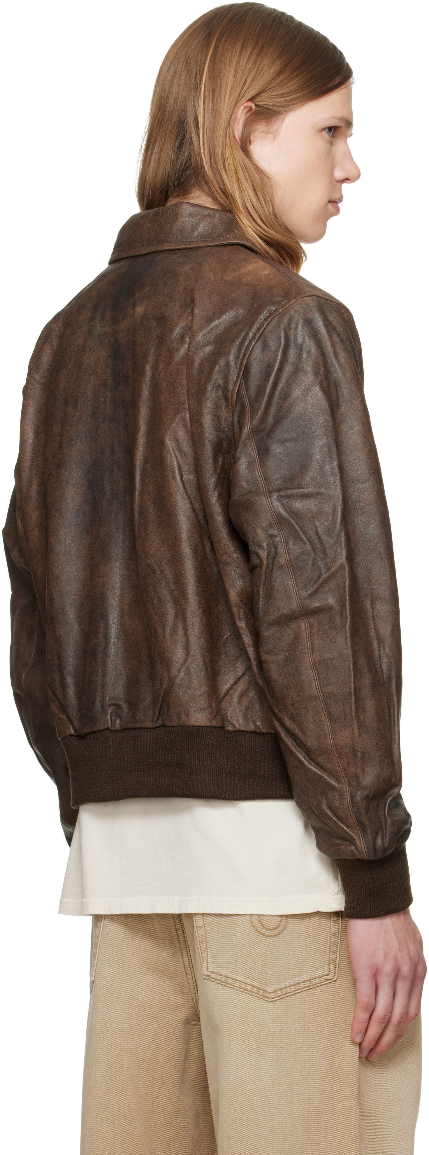 R13 - Brown Leather Boyfriend Bomber Jacket