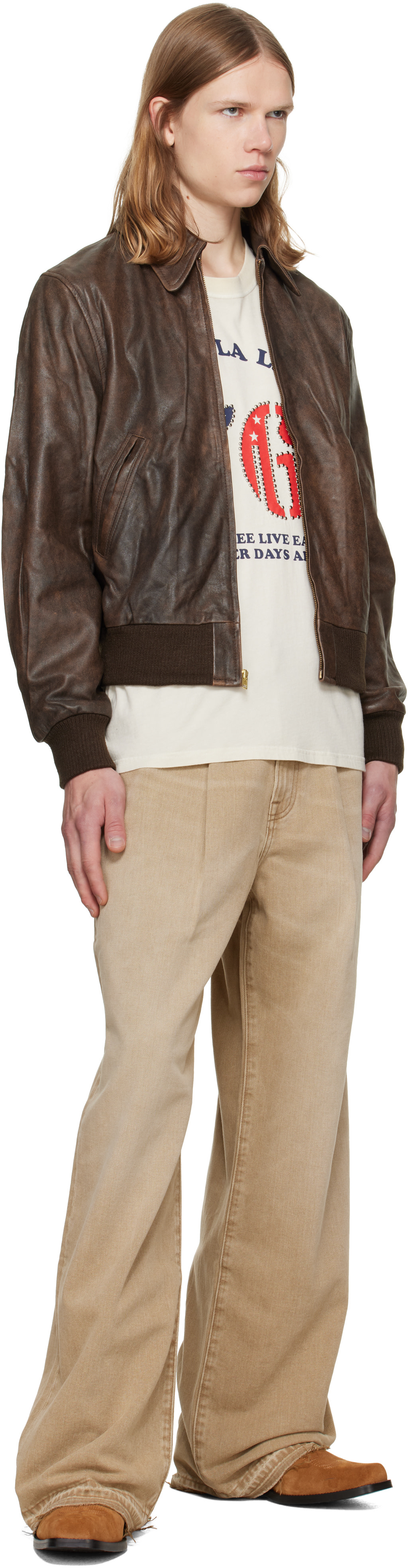 R13 - Brown Leather Boyfriend Bomber Jacket
