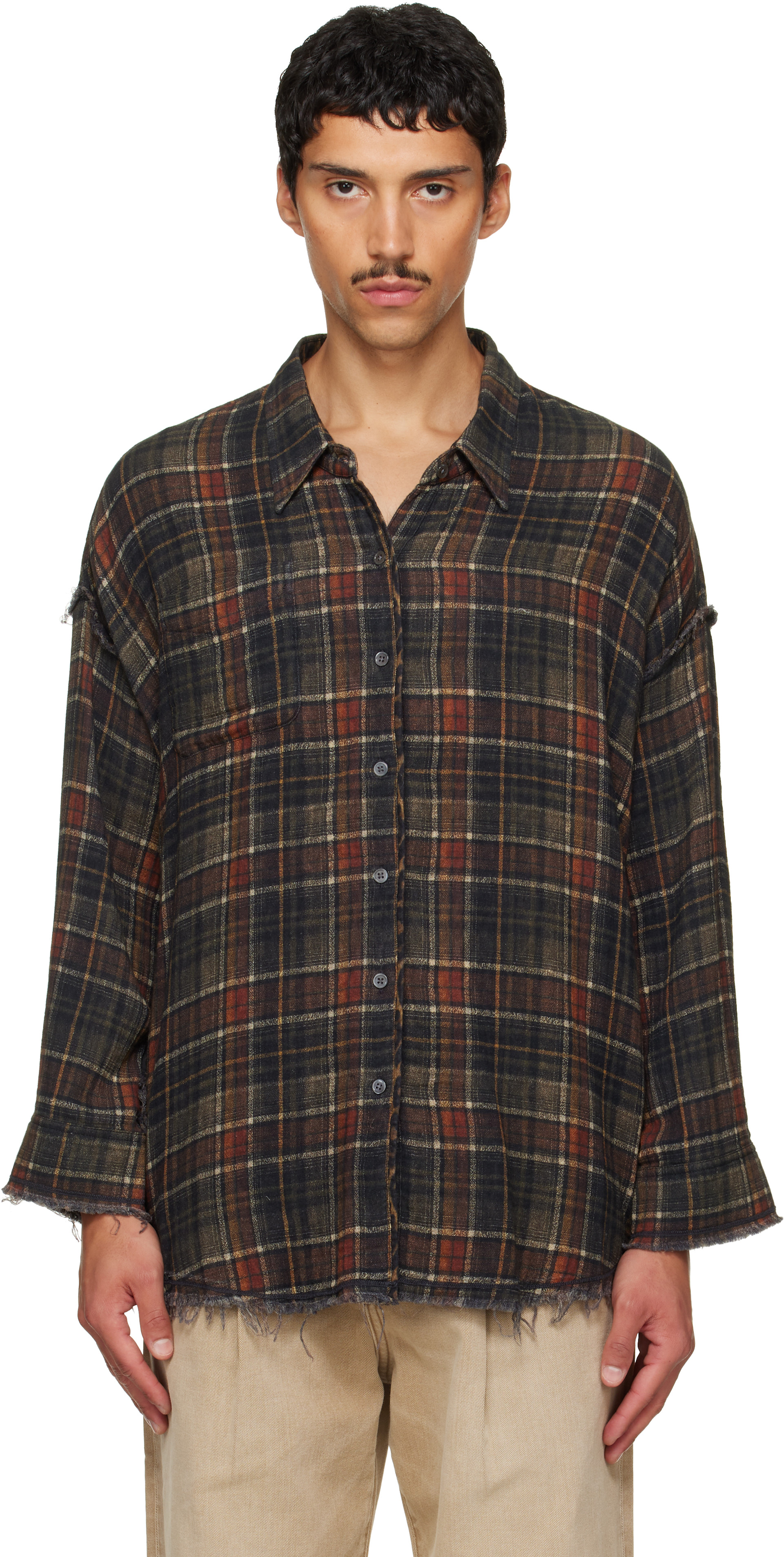 Y’s military cut sew R13: Brown Shredded Seam Drop Neck Reversible Shirt | SSENSE Canada
