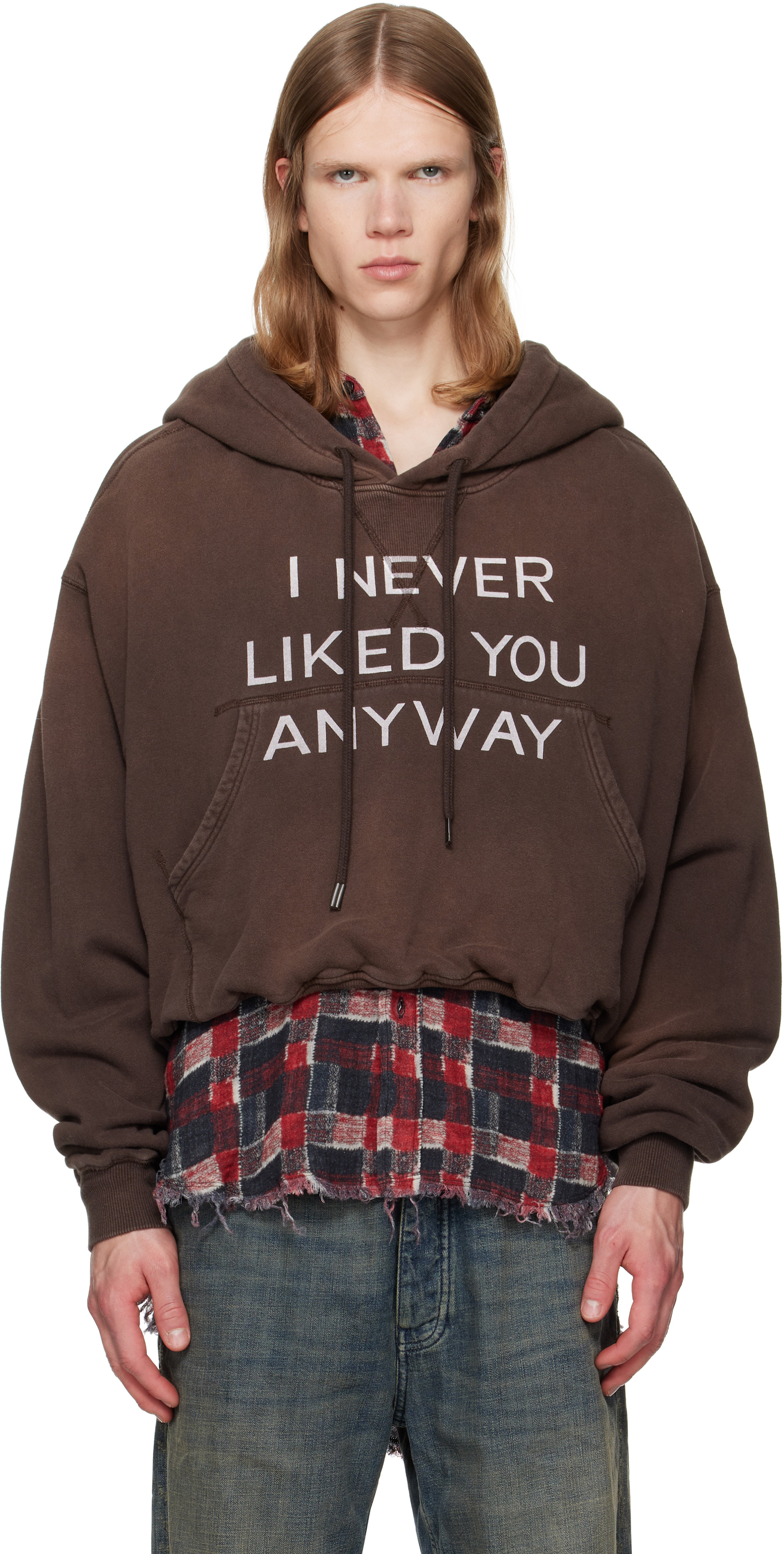 R13: Brown 'I Never Liked You' Balloon Popover Hoodie | SSENSE