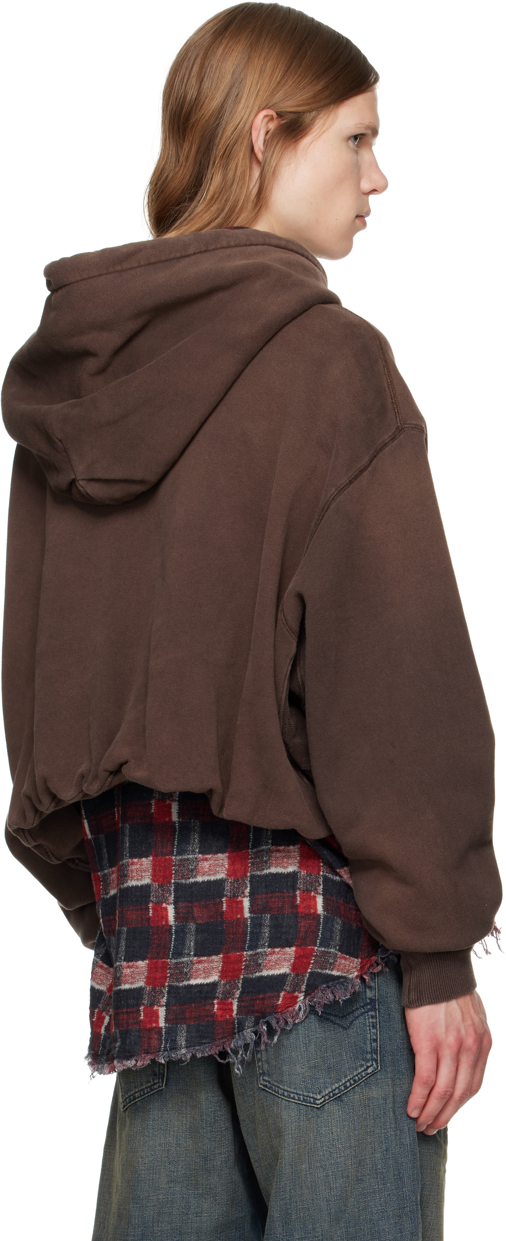 R13 - Pull à capuche brun à texte et à ourlet bouffant