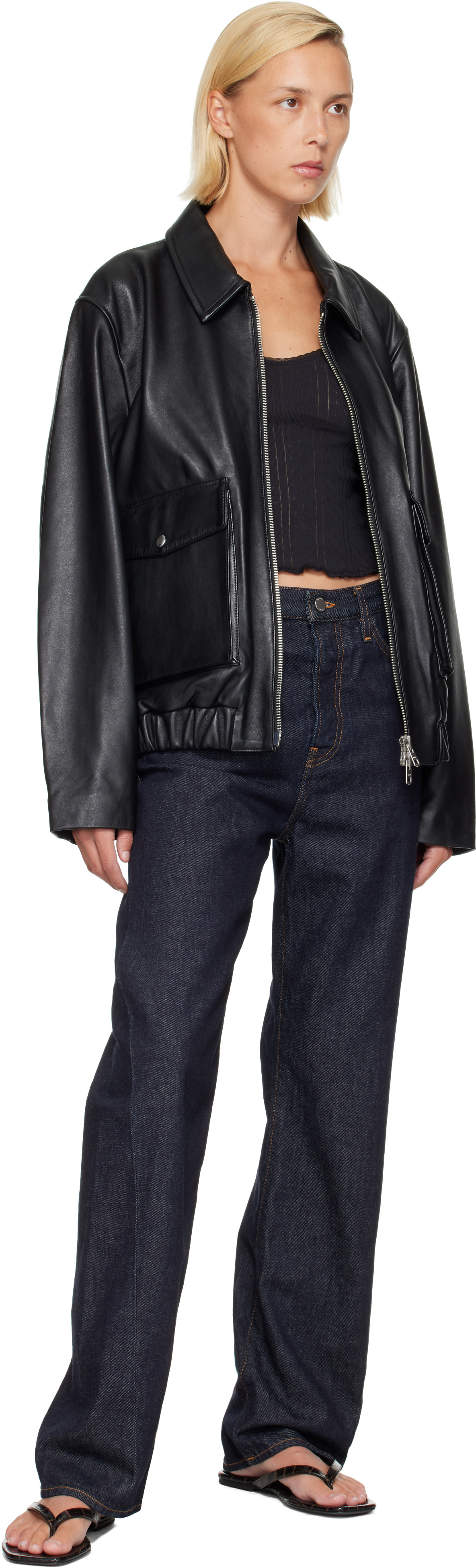 Special Guest ボンバージャケット ブラック Citizens of Humanity: ブラック Zip Front レザー ボンバージャケット