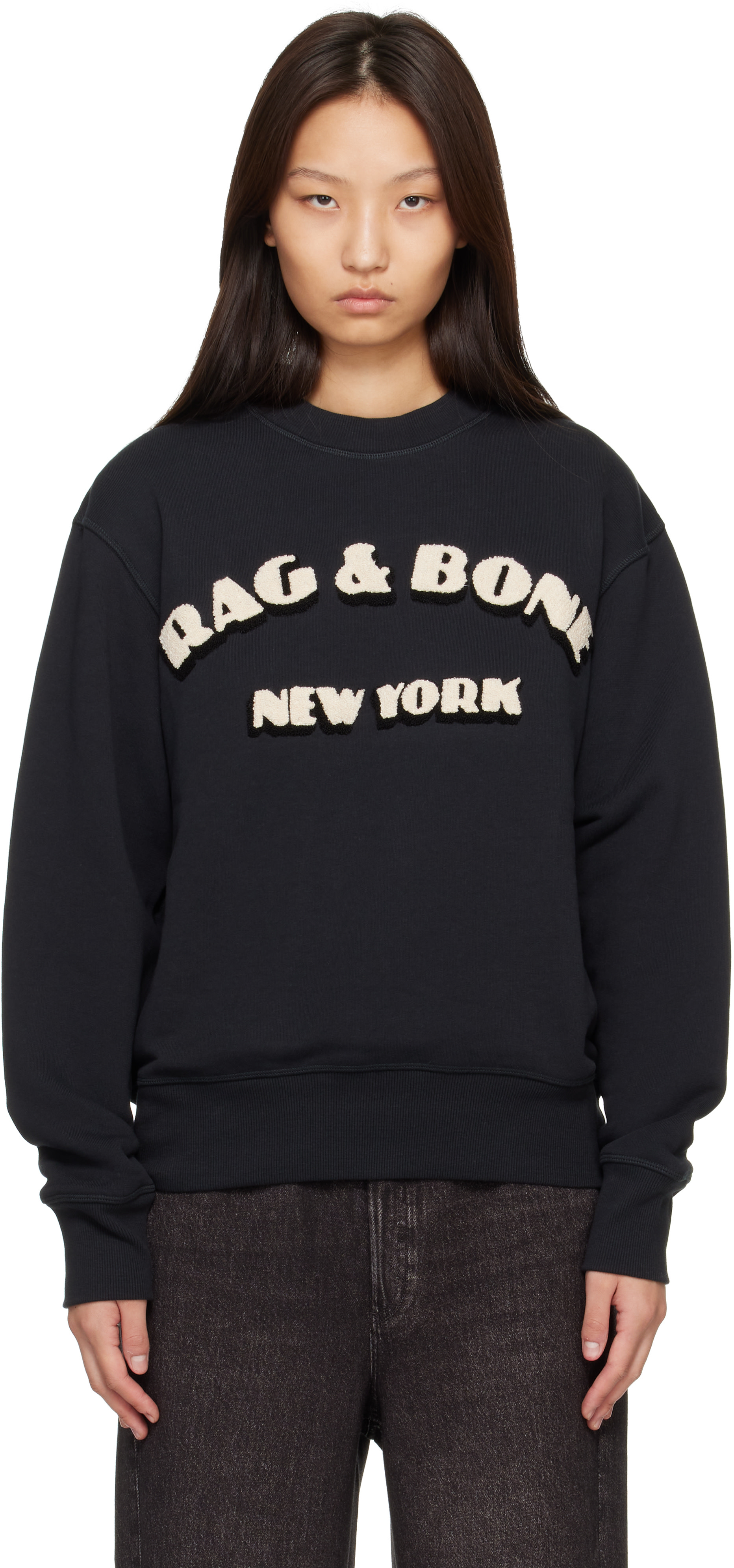 rag & bone - Pull molletonné noir en jersey bouclette à logo rétro