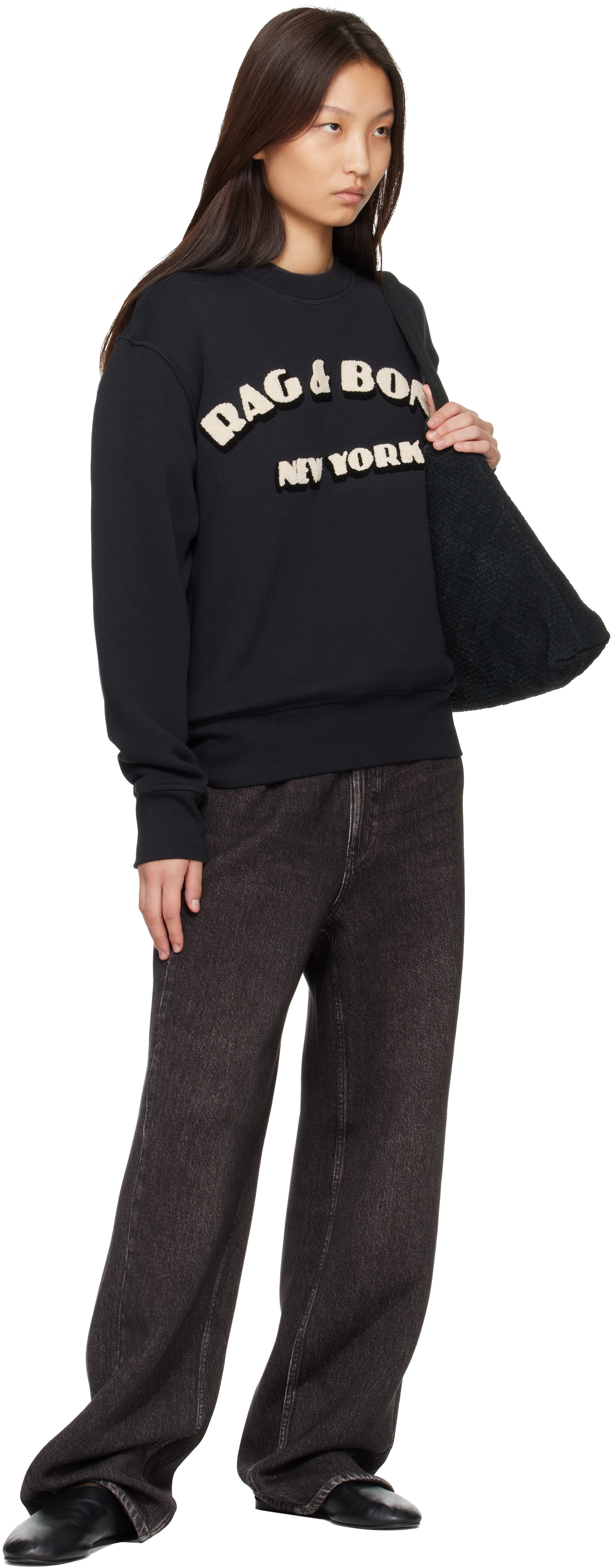 rag & bone - Pull molletonné noir en jersey bouclette à logo rétro