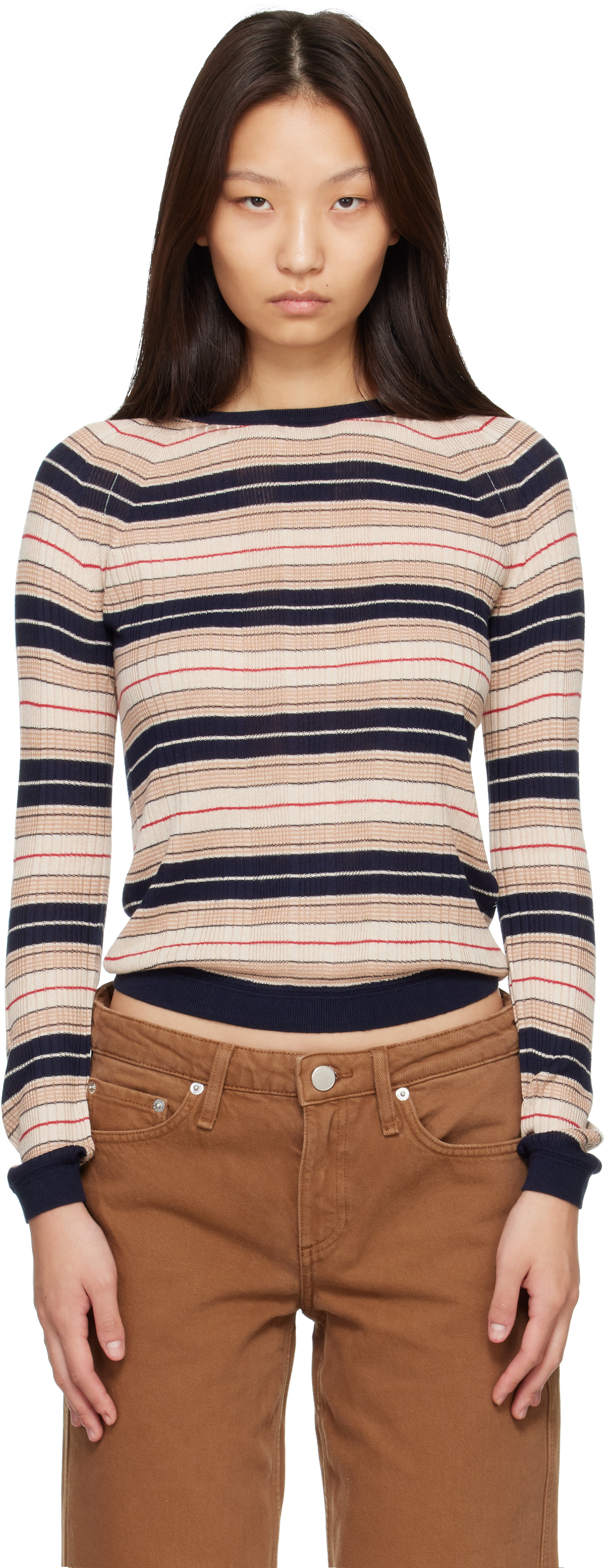 rag & bone - Pull Teresa beige et bleu marine à rayures