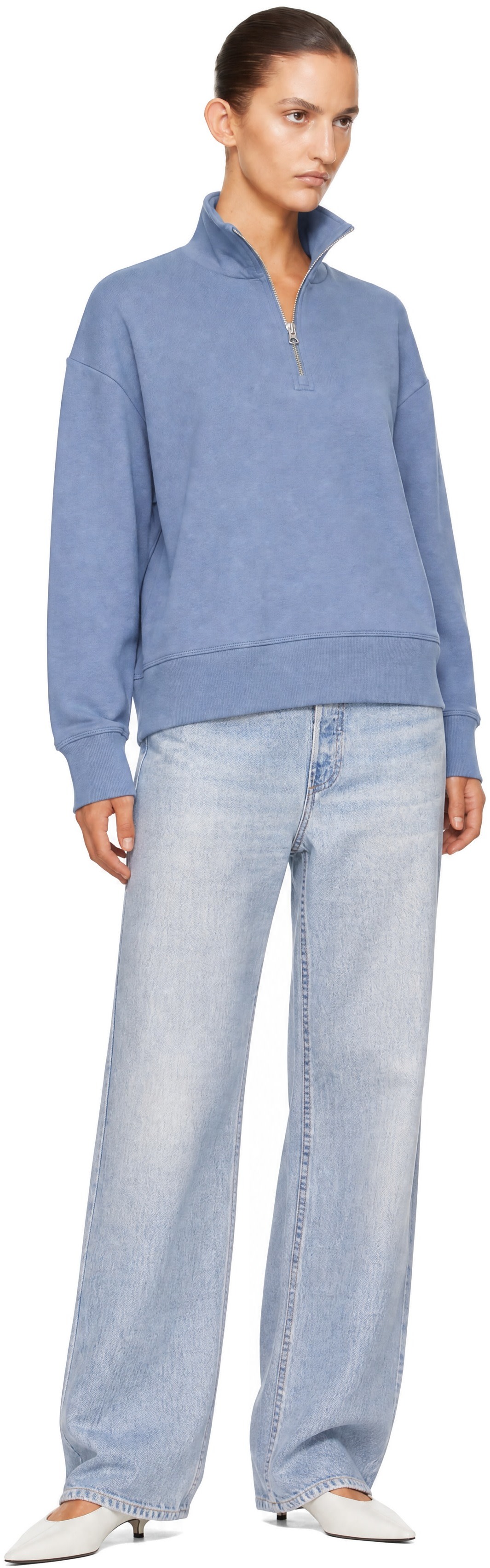 rag & bone - Pull Everyday bleu en jersey bouclette à demi-glissière