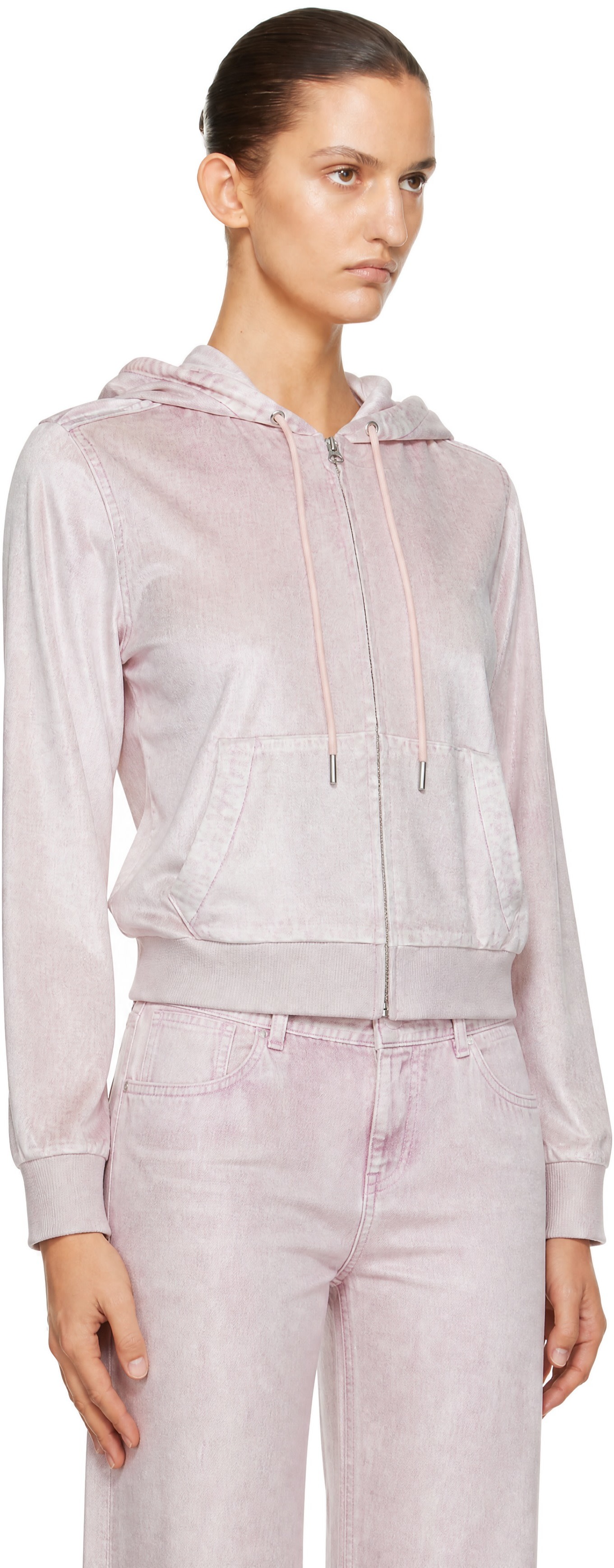 rag & bone - Pull à capuche rose en velours Miramar à glissière