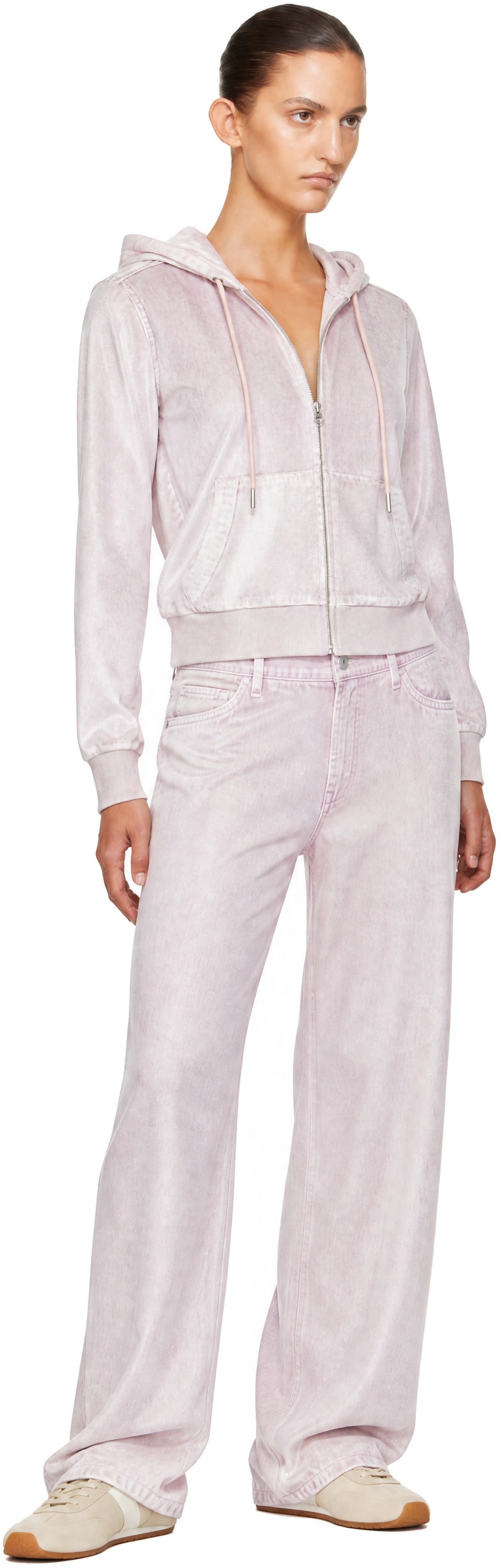 rag & bone - Pull à capuche rose en velours Miramar à glissière