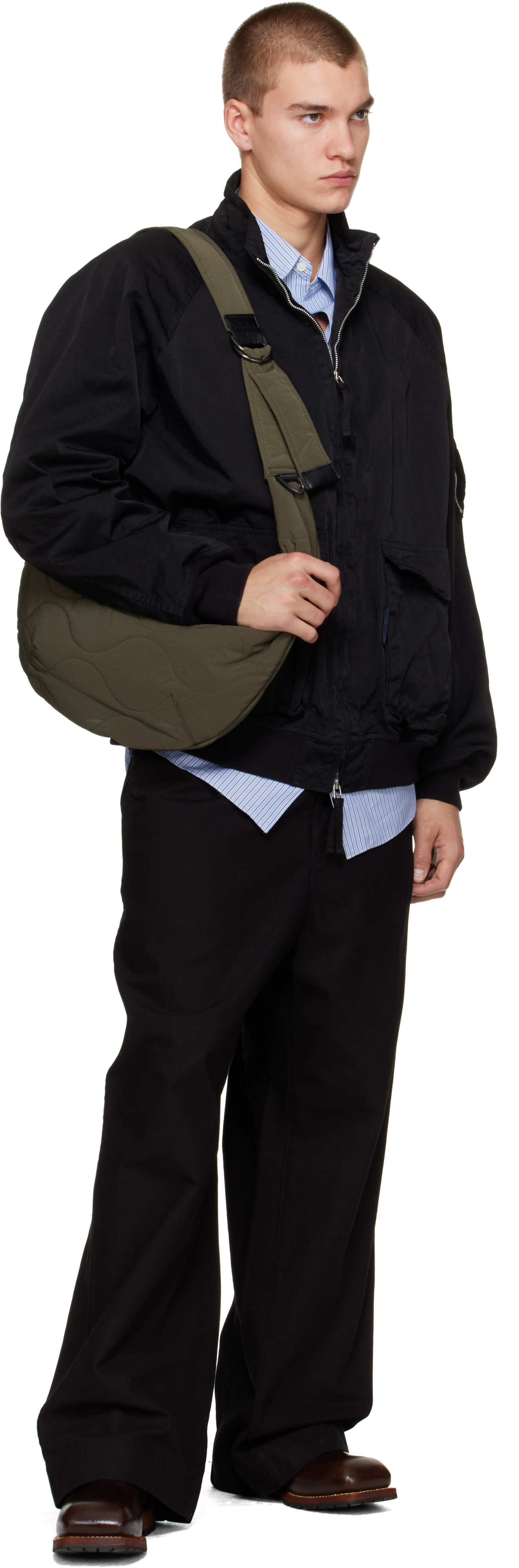 Comme des Garçons Homme: Black Garment Dyed Nylon Zip Up Bomber