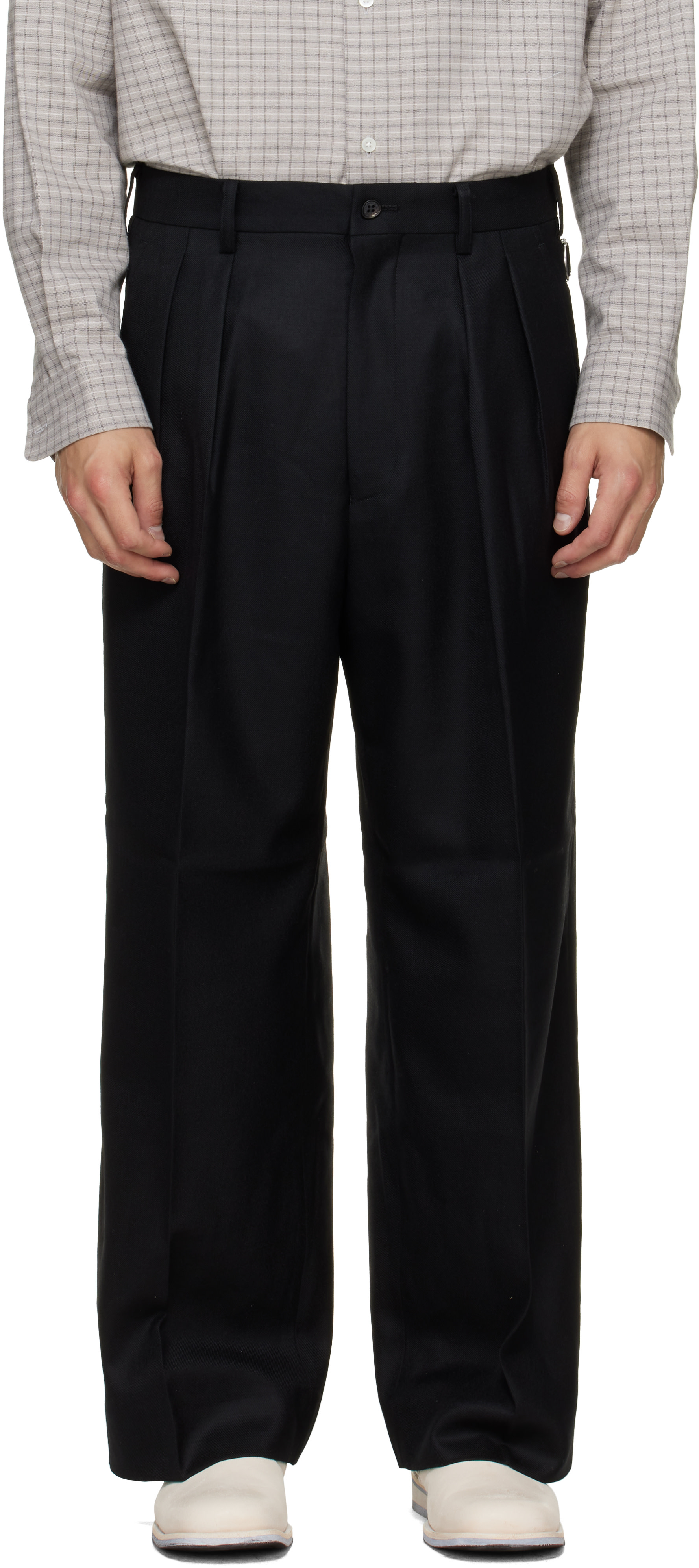 COMME des GARCONS ウエストゴム ウールパンツ ブラック S Comme des Garçons Homme: ブラック ウールサージ トラウザーズ