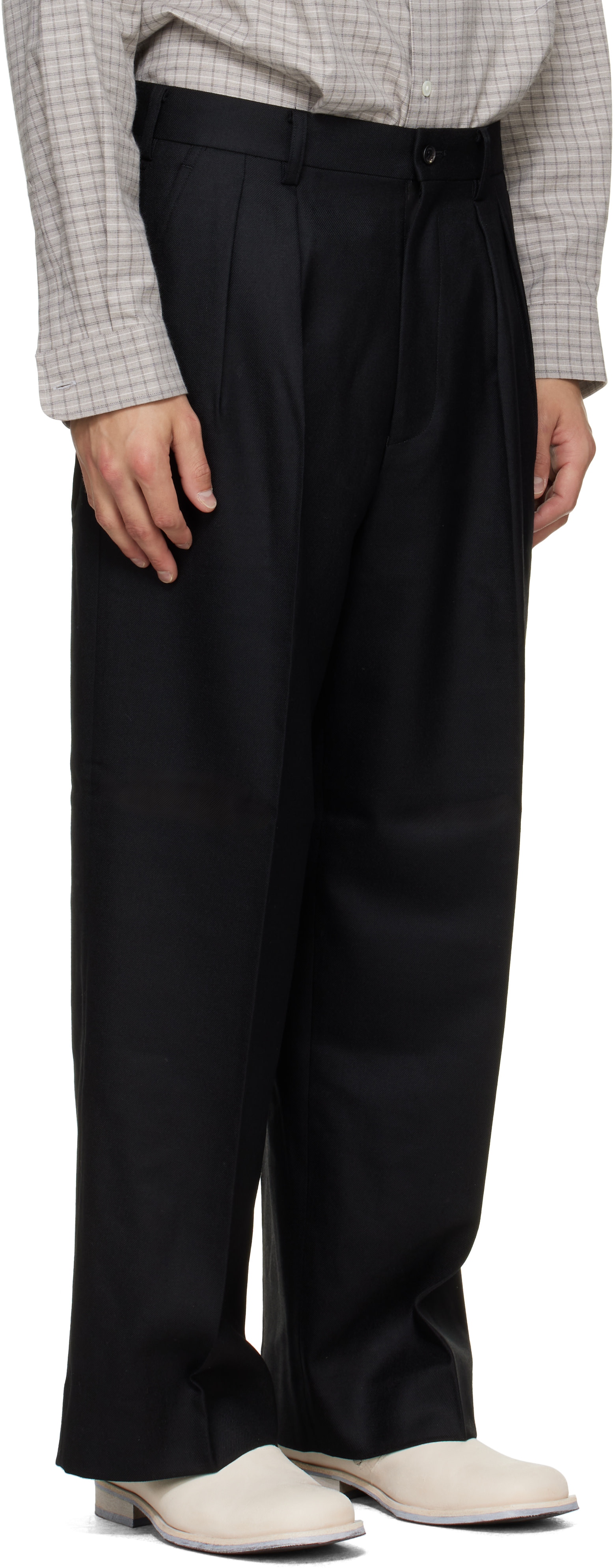 COMME des GARCONS ウエストゴム ウールパンツ ブラック S Comme des Garçons Homme: ブラック ウールサージ トラウザーズ
