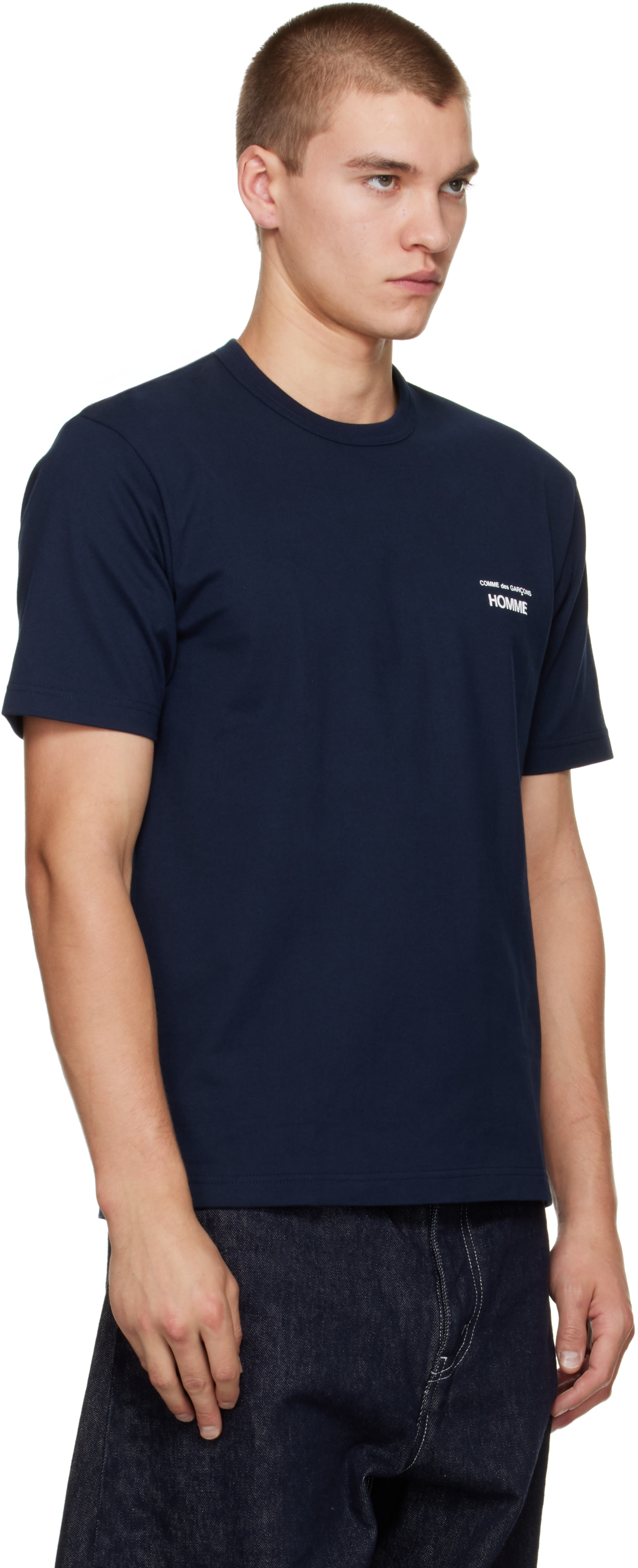 Comme des Garçons Homme: ネイビー 'Homme' Chest Logo コットン T