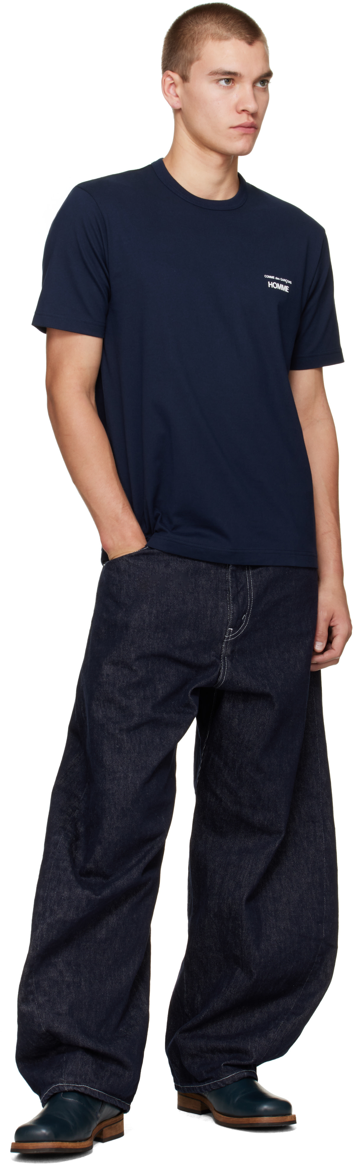 Comme des Garçons Homme: ネイビー 'Homme' Chest Logo コットン T