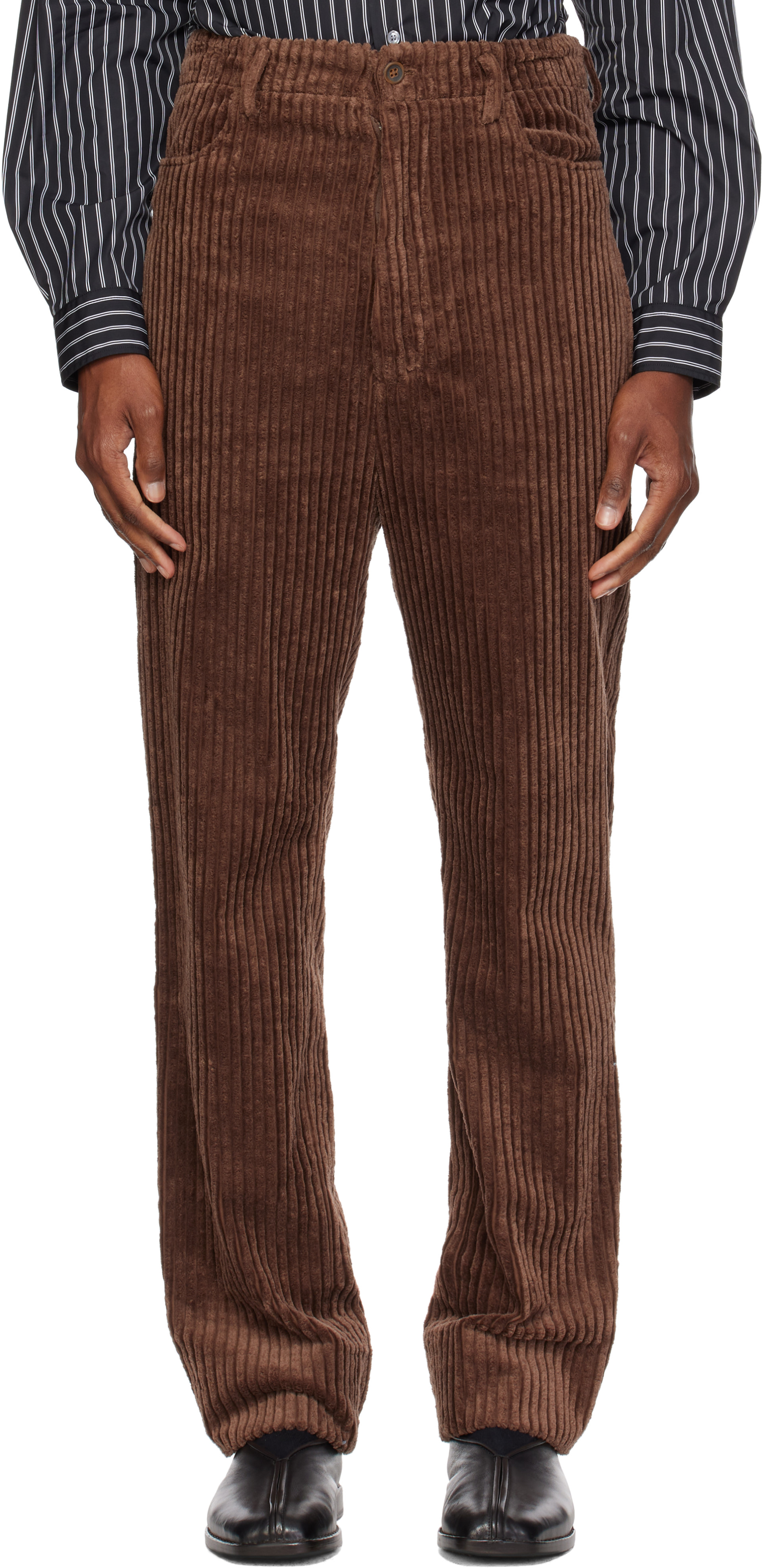 SOSHIOTSUKI: Brown Heavy Wale High Waist Trousers | SSENSE