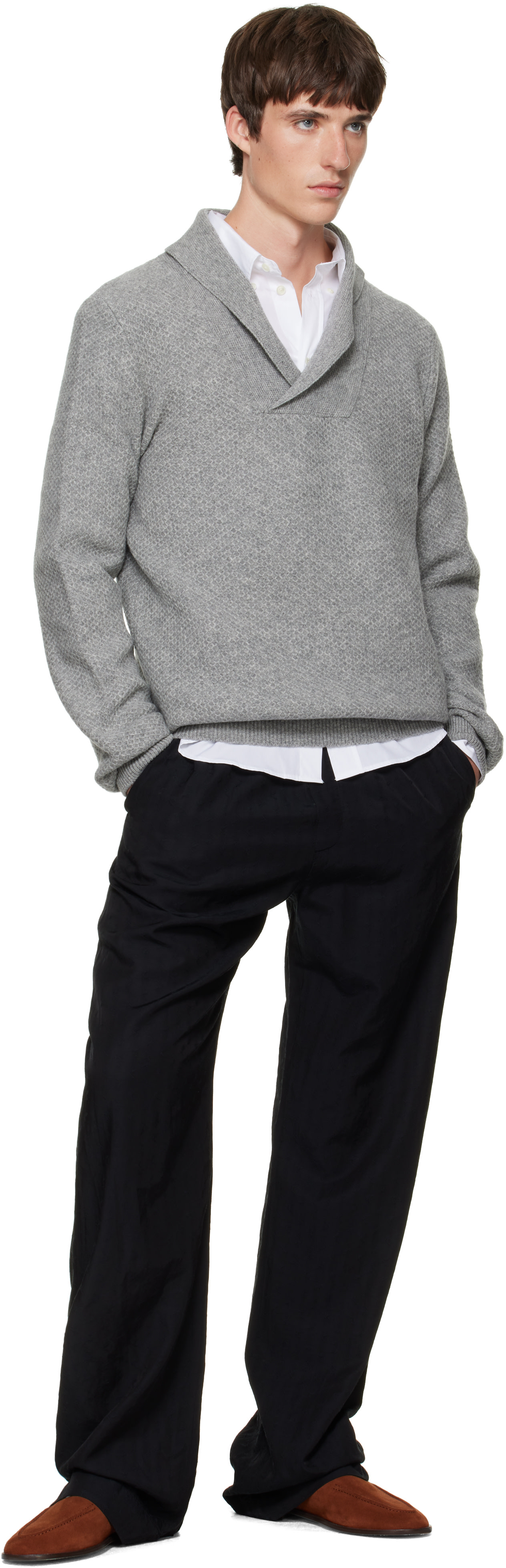 SOSHIOTSUKI - Gray Shawl Collar Knit Sweater