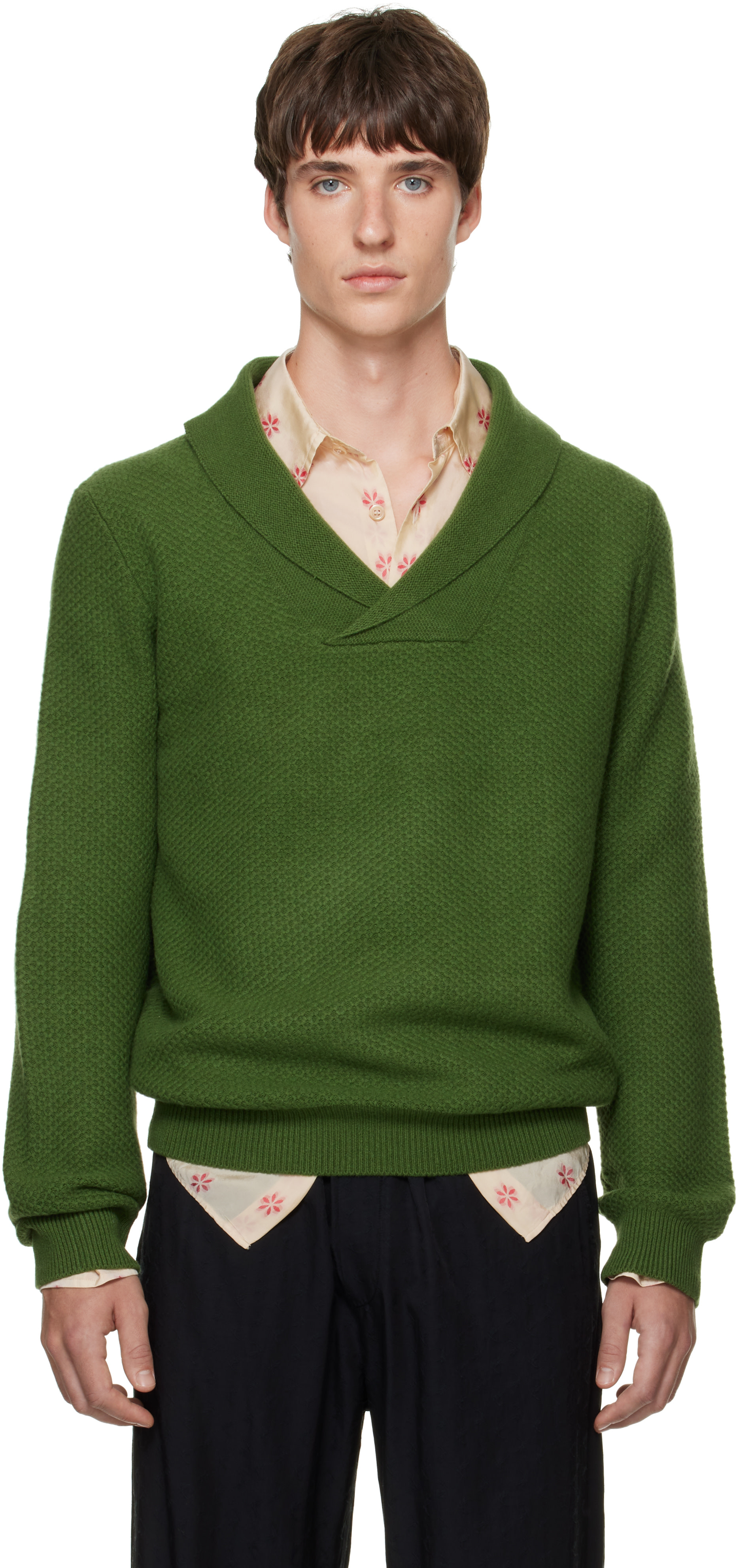 SOSHIOTSUKI - Pull vert en tricot à col châle