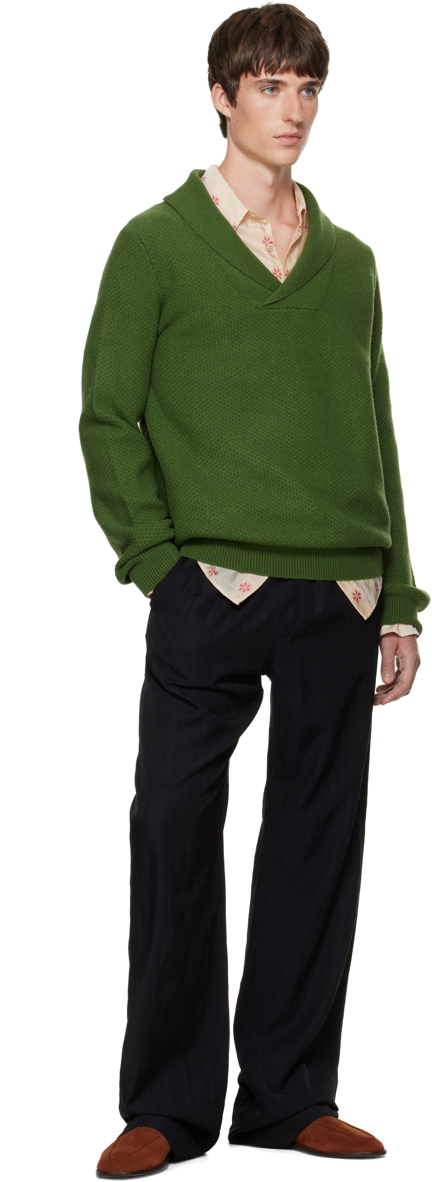 SOSHIOTSUKI - Pull vert en tricot à col châle