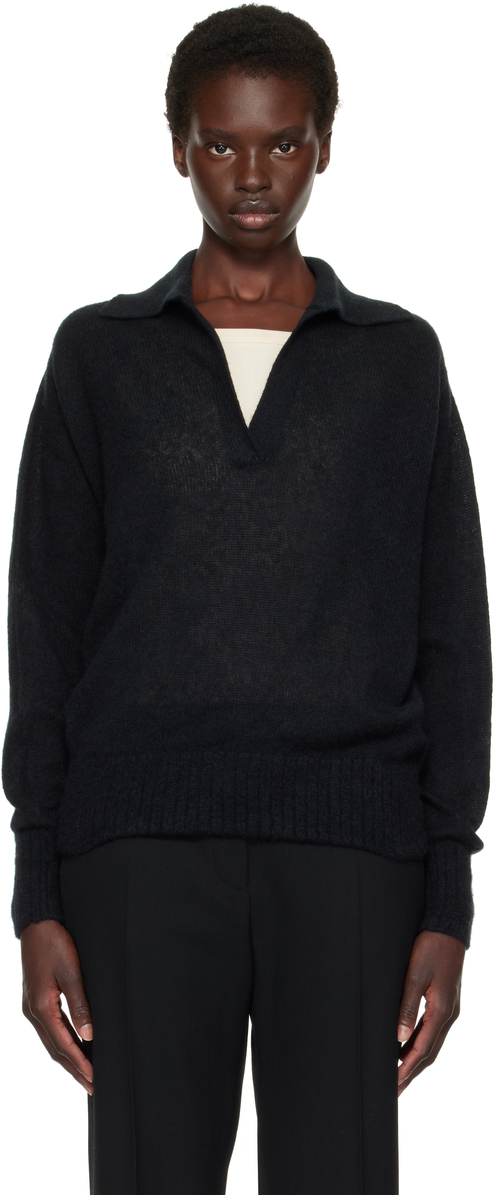 TOM FORD: Black Ultrasoft Cashmere Silk Oversized Open Collar Polo