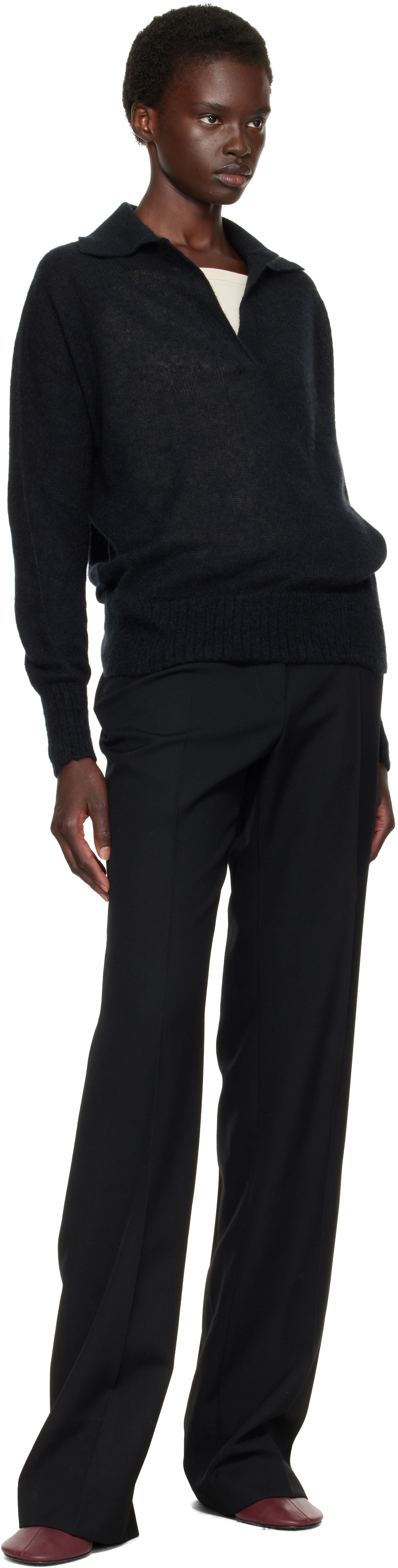 TOM FORD: Black Ultrasoft Cashmere Silk Oversized Open Collar Polo